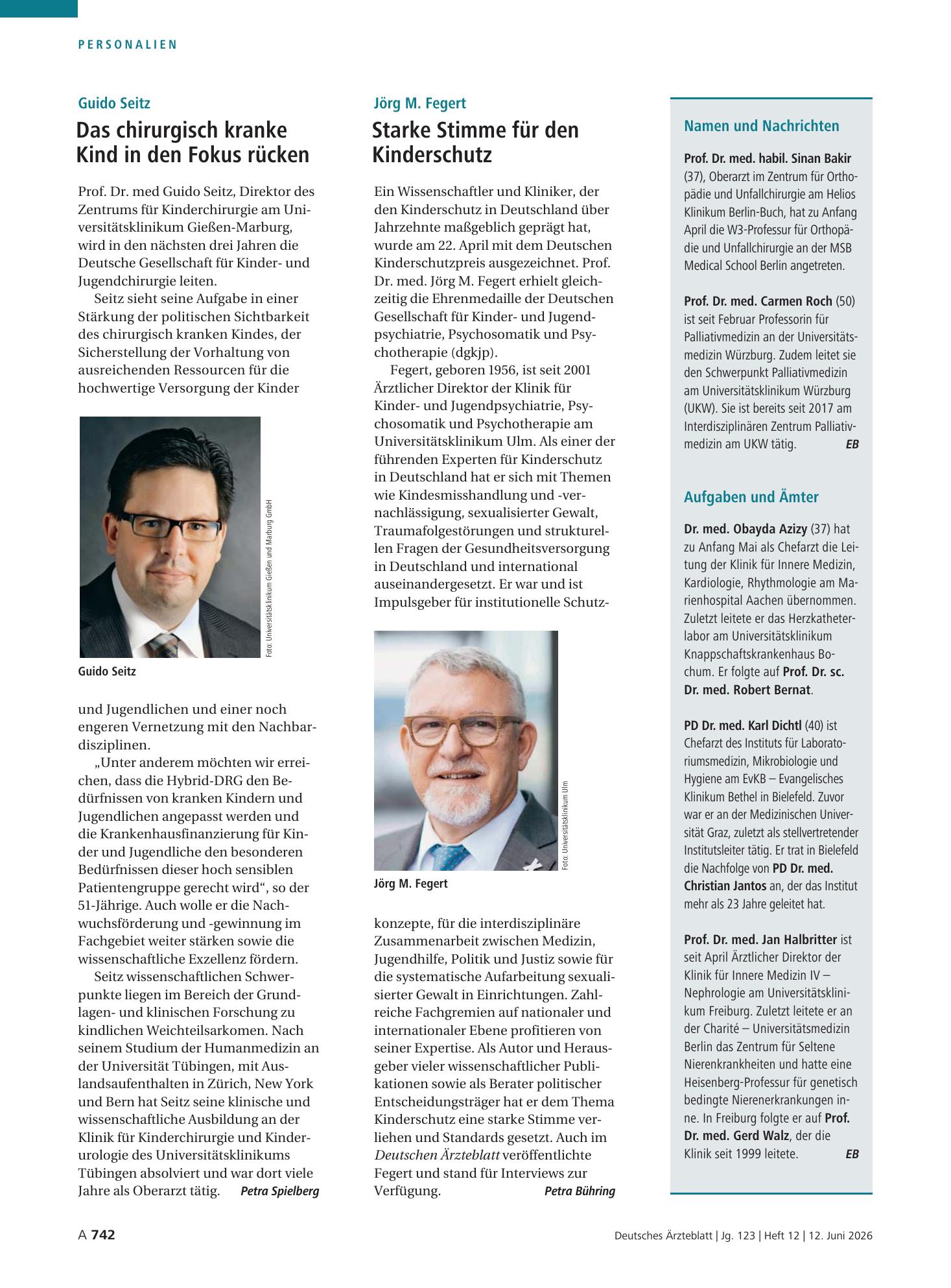 Vorschauseite 1: Namen und Nachrichten / Aufgaben und Ämter – Deutsches Ärzteblatt