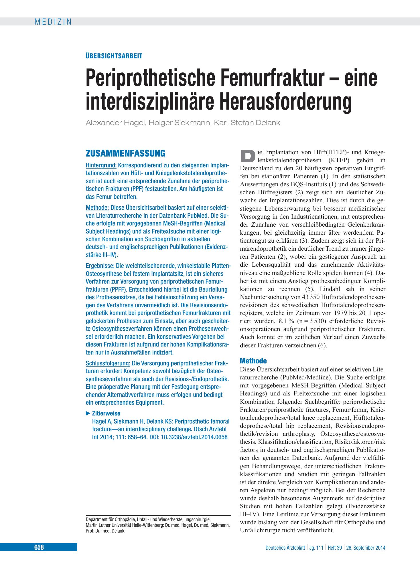Vorschauseite 1: Periprothetische Femurfraktur – eine interdisziplinäre Herausforderung – Deutsches Ärzteblatt
