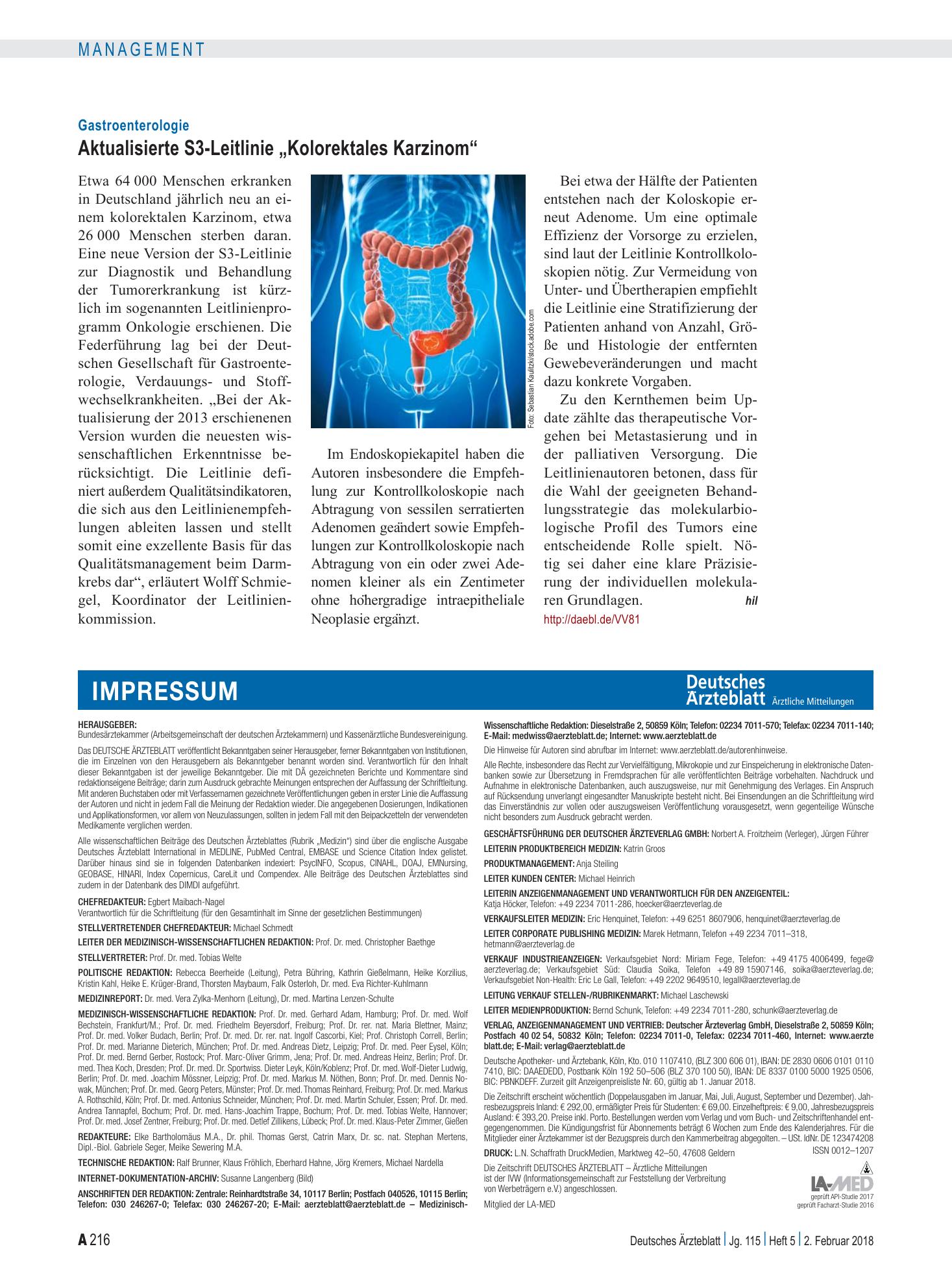 Vorschauseite 1: Gastroenterologie: Aktualisierte S3-Leitlinie „Kolorektales Karzinom“ – Deutsches Ärzteblatt