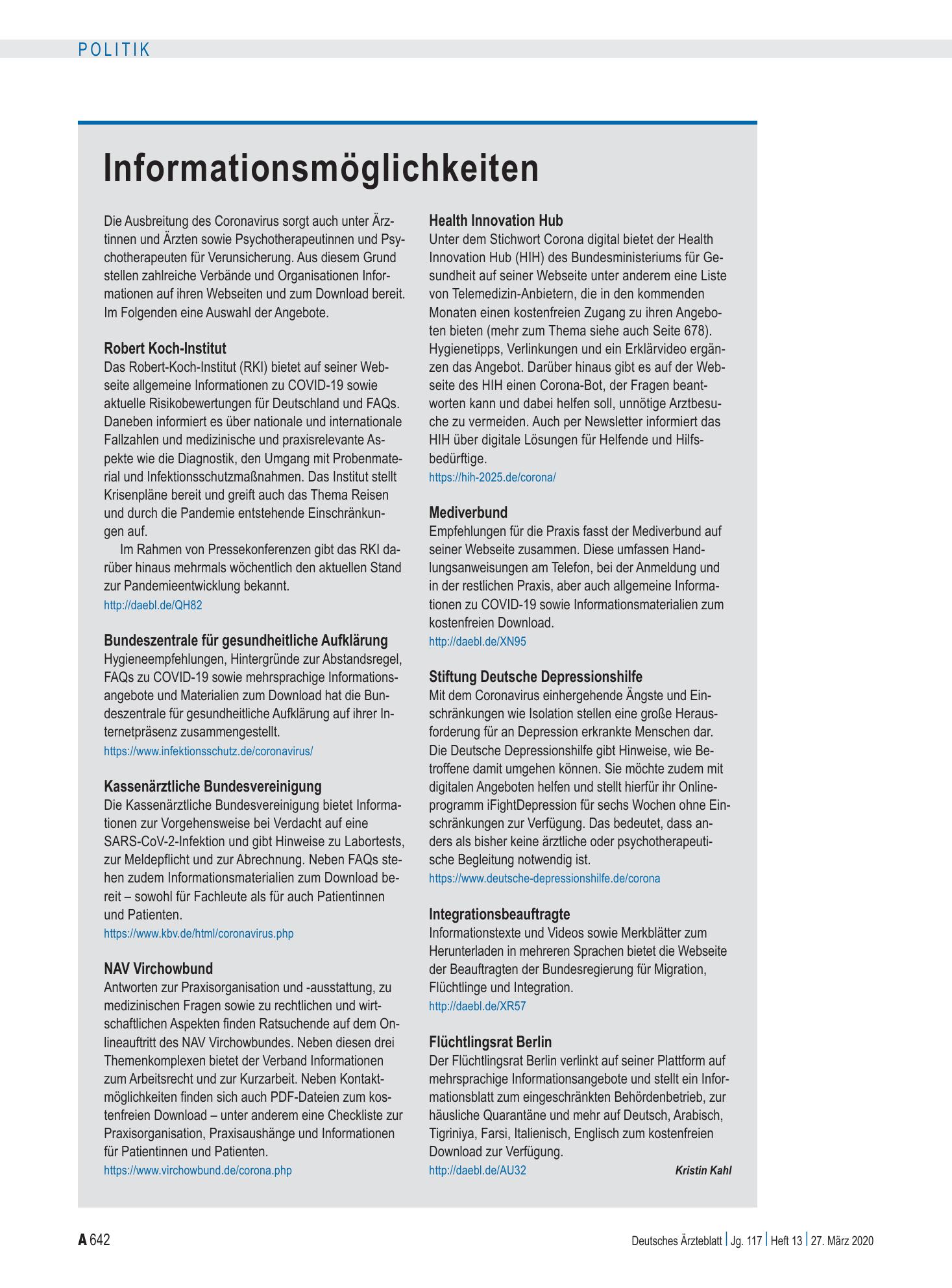Vorschauseite 1: Informationsmöglichkeiten – Deutsches Ärzteblatt