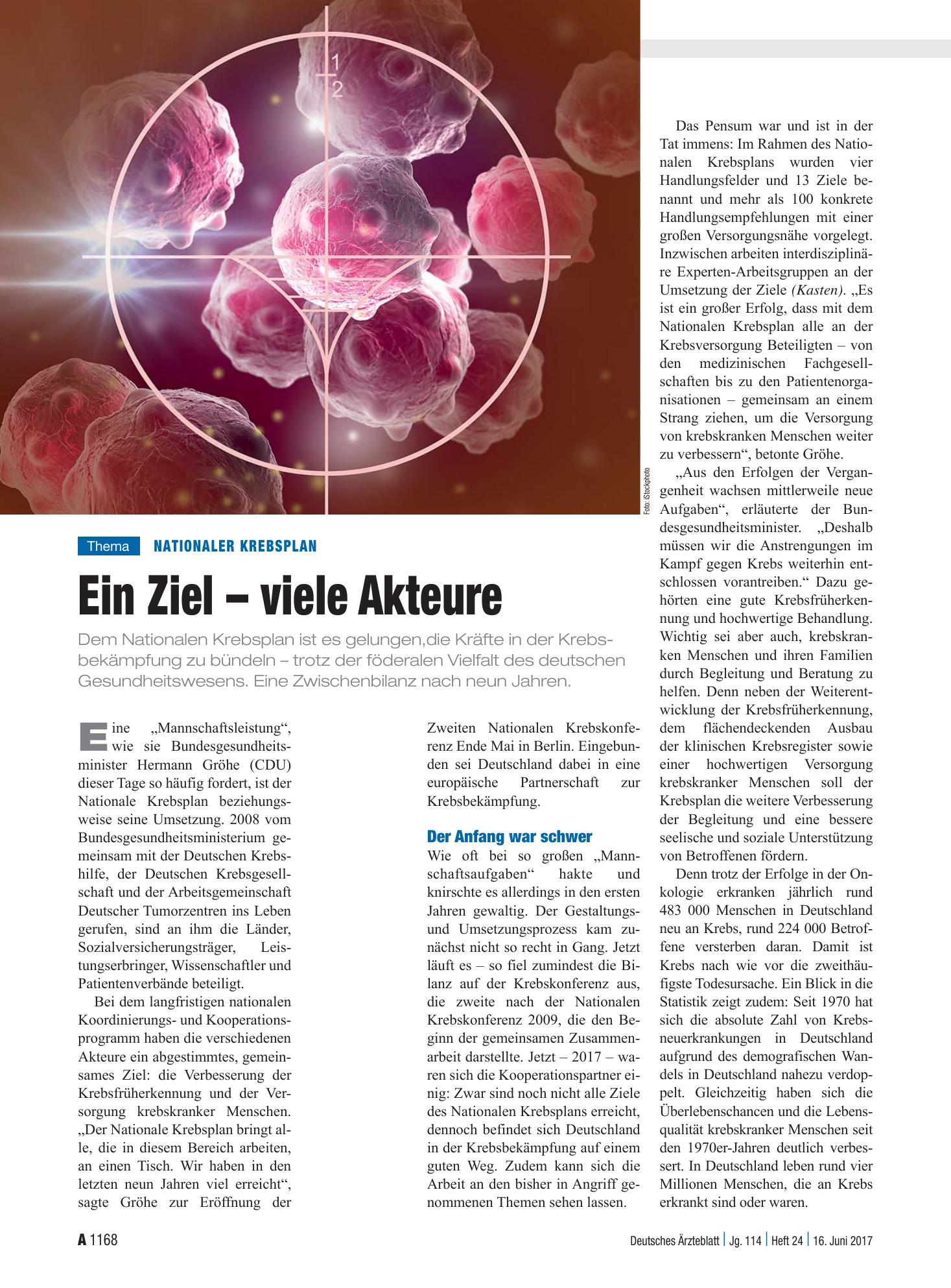 Vorschauseite 1: Nationaler Krebsplan: Ein Ziel – viele Akteure – Deutsches Ärzteblatt