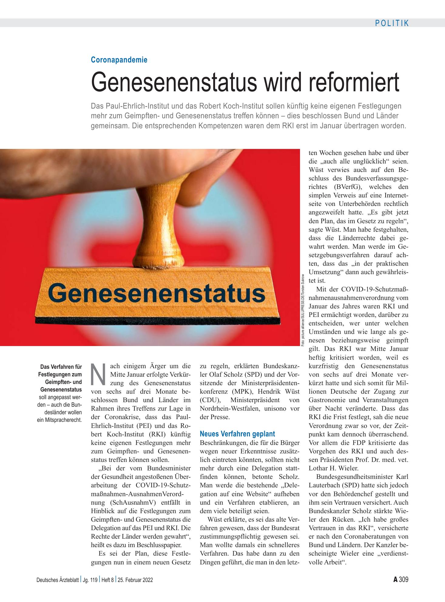 Vorschauseite 1: Coronapandemie: Genesenenstatus wird reformiert – Deutsches Ärzteblatt
