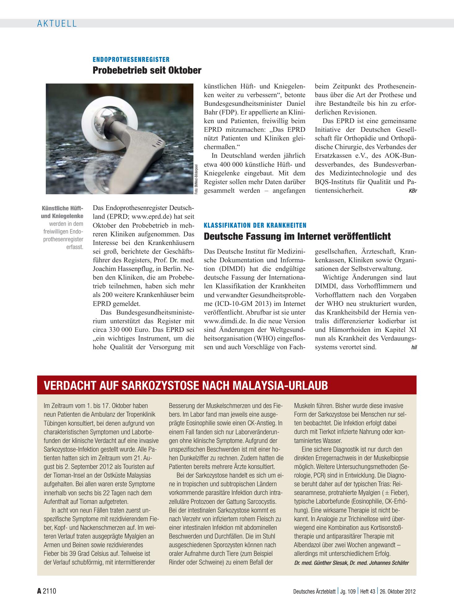 Vorschauseite 1: Endoprothesenregister: Probebetrieb seit Oktober – Deutsches Ärzteblatt