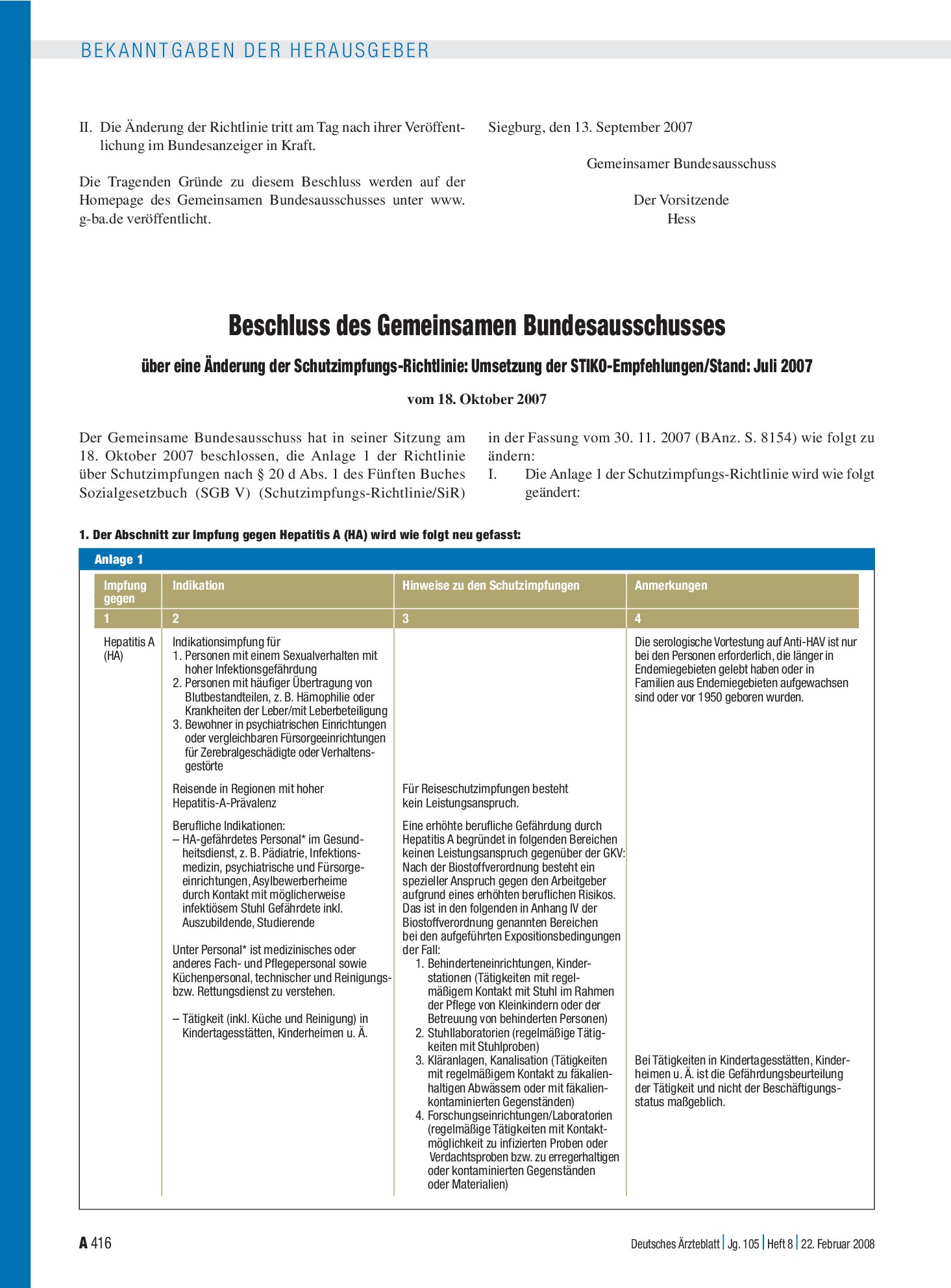 Vorschauseite 1: Beschluss des Gemeinsamen Bundesausschusses über eine Änderung der Schutzimpfungs-Richtlinie: Umsetzung der STIKO-Empfehlungen/Stand: Juli 2007 vom 18. Oktober 2007 – Deutsches Är…