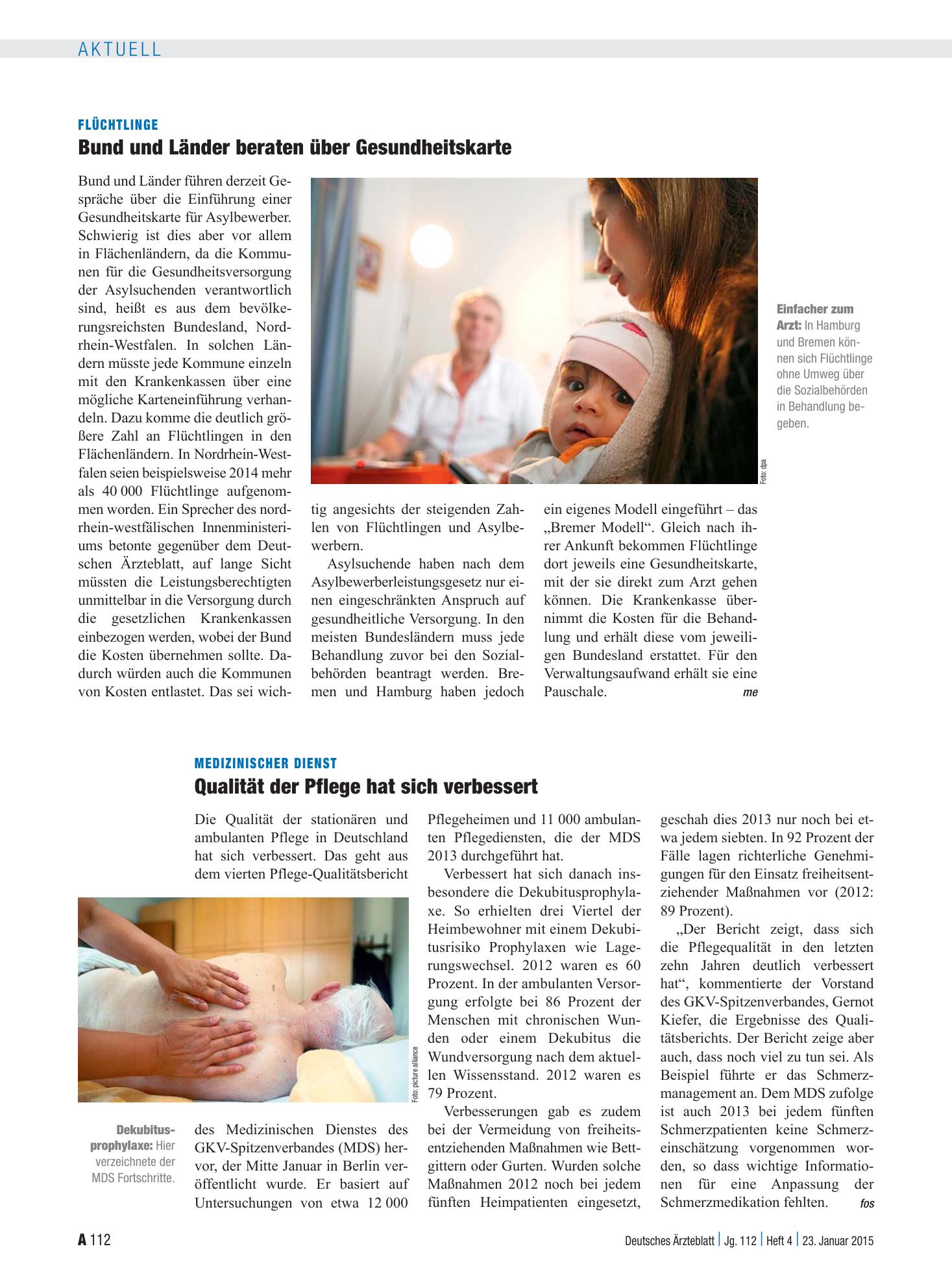 Vorschauseite 1: Medizinischer Dienst: Qualität der Pflege hat sich verbessert – Deutsches Ärzteblatt