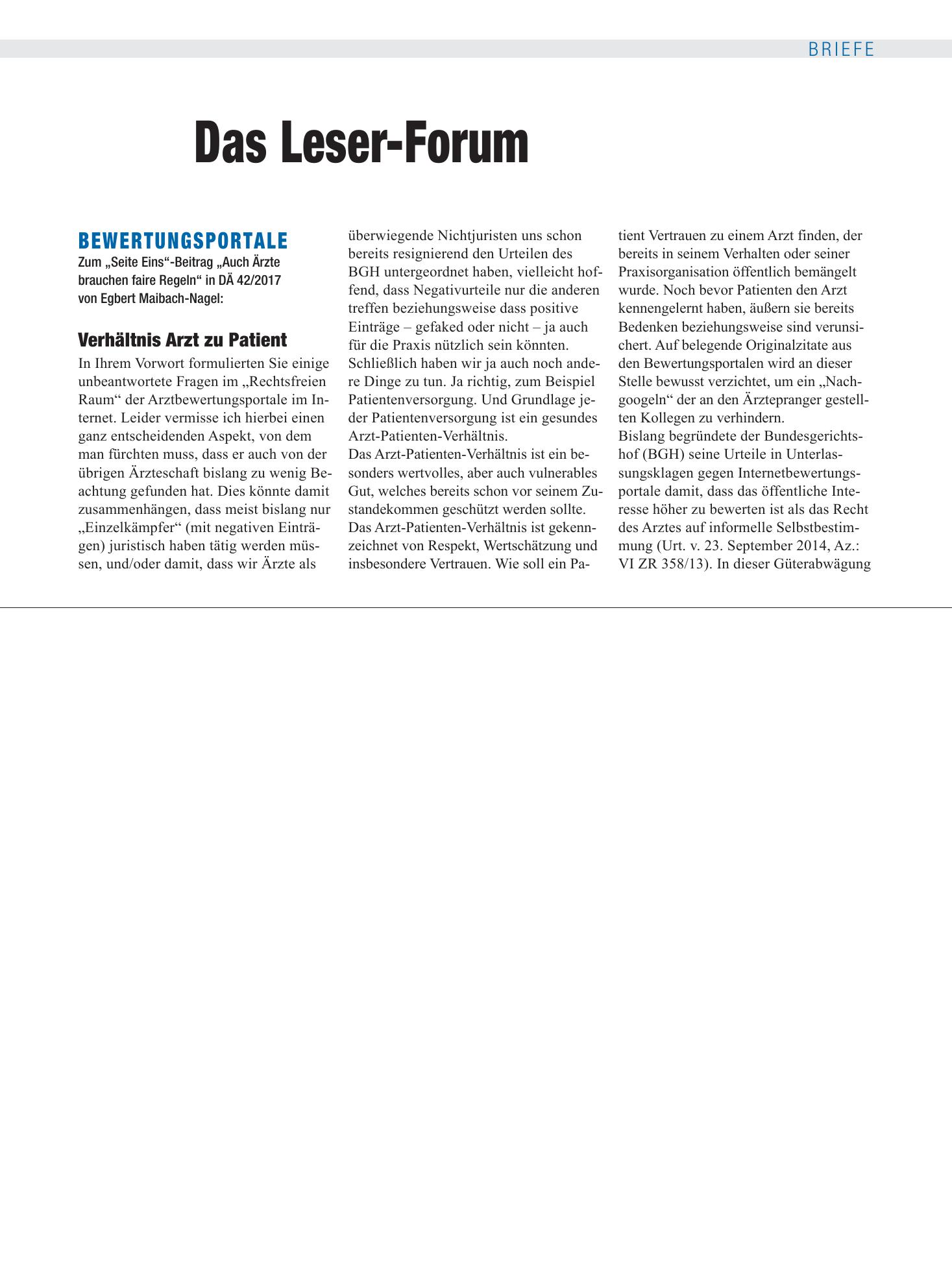 Vorschauseite 1: Bewertungsportale: Verhältnis Arzt zu Patient – Deutsches Ärzteblatt