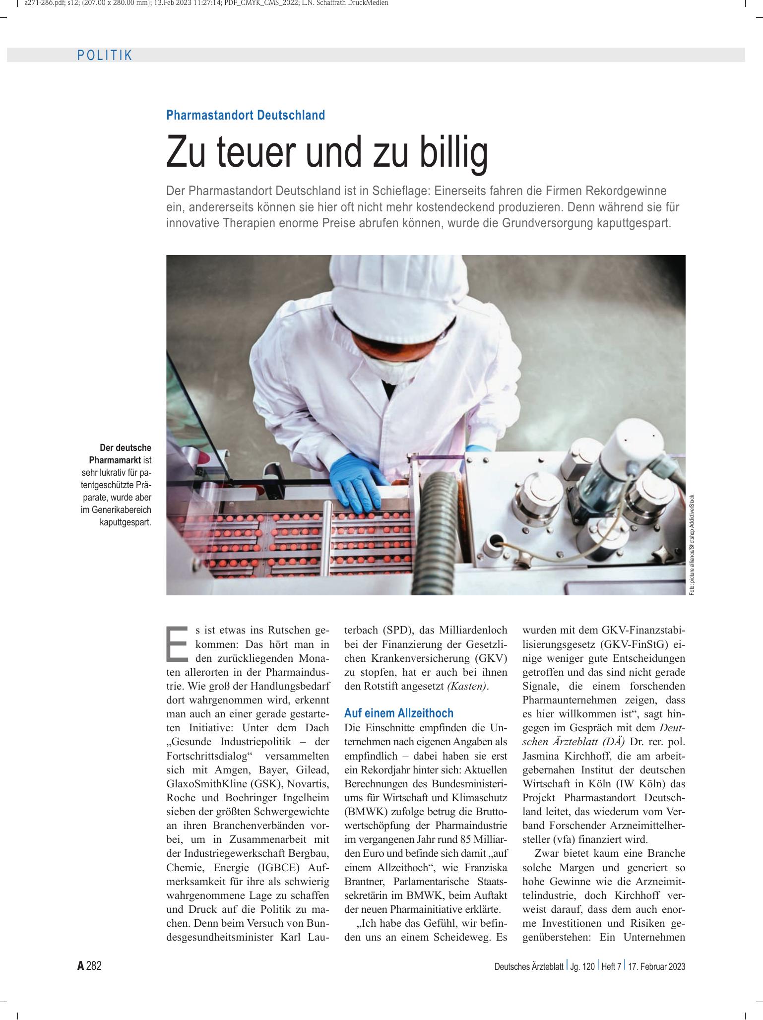 Vorschauseite 1: Pharmastandort Deutschland: Zu teuer und zu billig – Deutsches Ärzteblatt