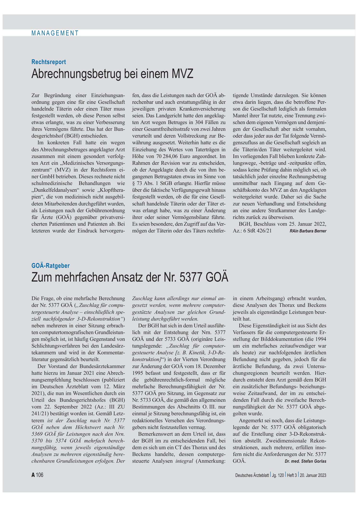Vorschauseite 1: Rechtsreport: Abrechnungsbetrug bei einem MVZ – Deutsches Ärzteblatt