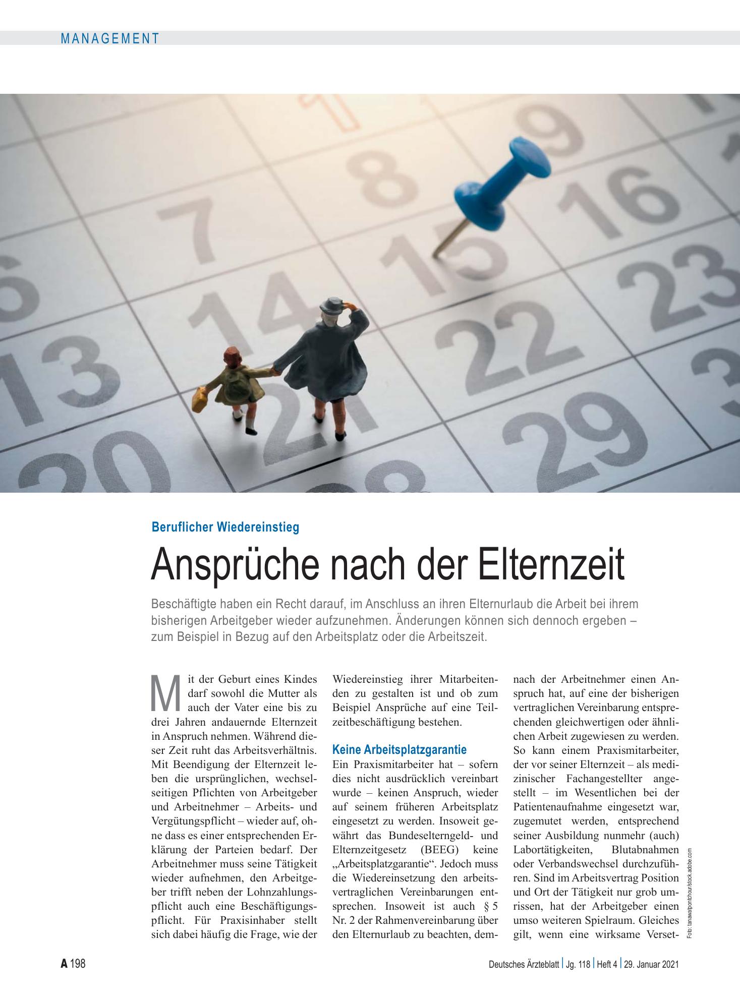Vorschauseite 1: Beruflicher Wiedereinstieg: Ansprüche nach der Elternzeit – Deutsches Ärzteblatt