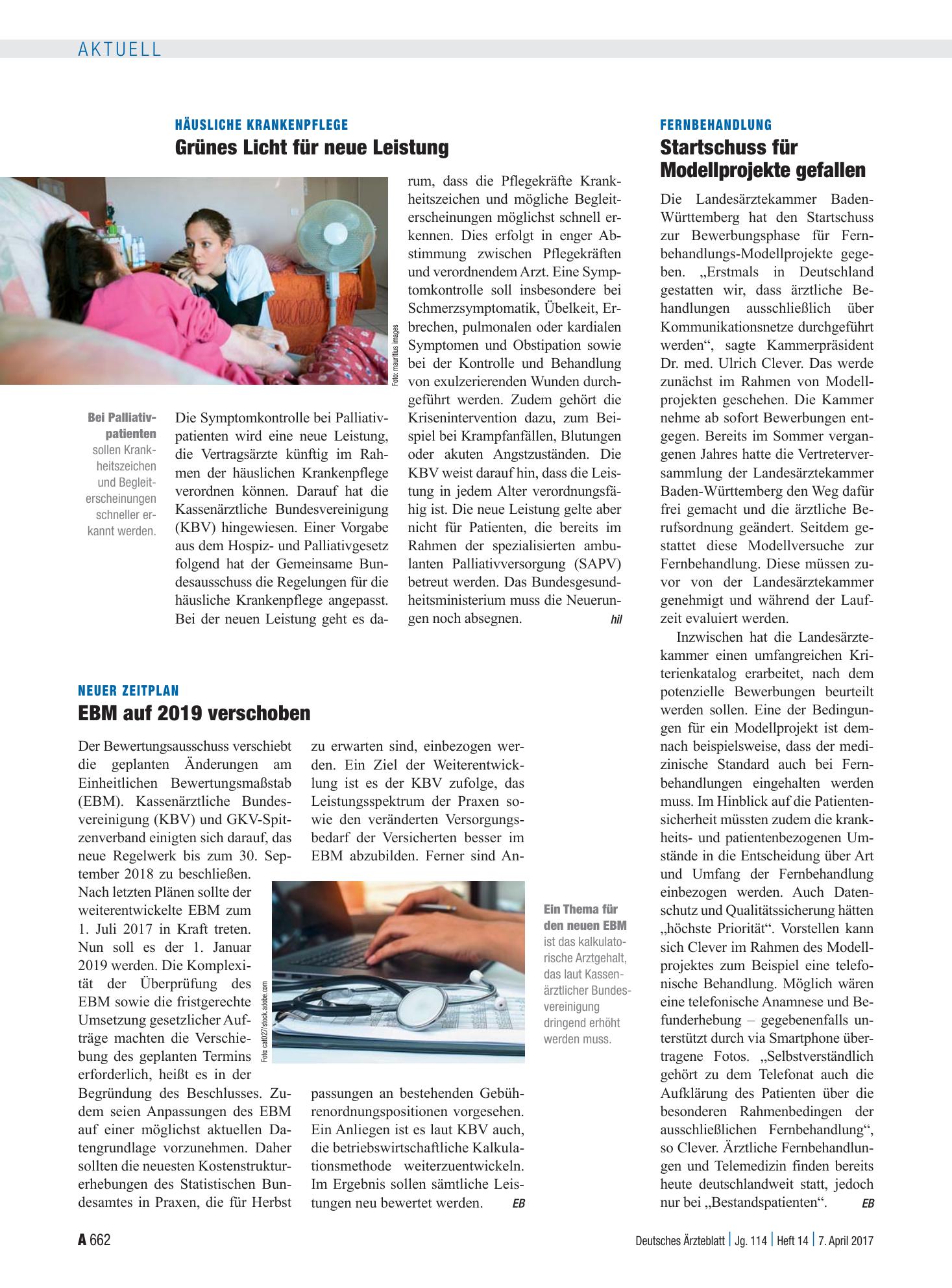 Vorschauseite 1: Fernbehandlung: Startschuss für Modellprojekte gefallen – Deutsches Ärzteblatt
