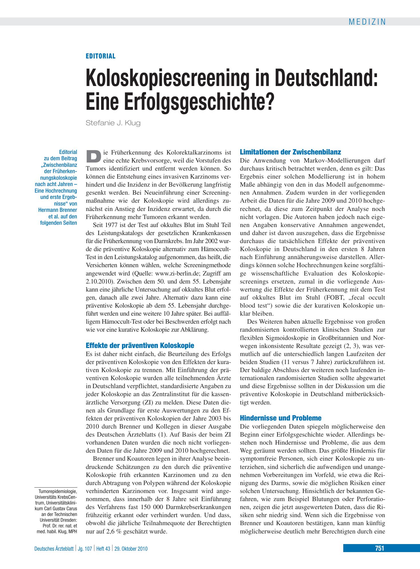 Vorschauseite 1: Koloskopiescreening in Deutschland – Deutsches Ärzteblatt
