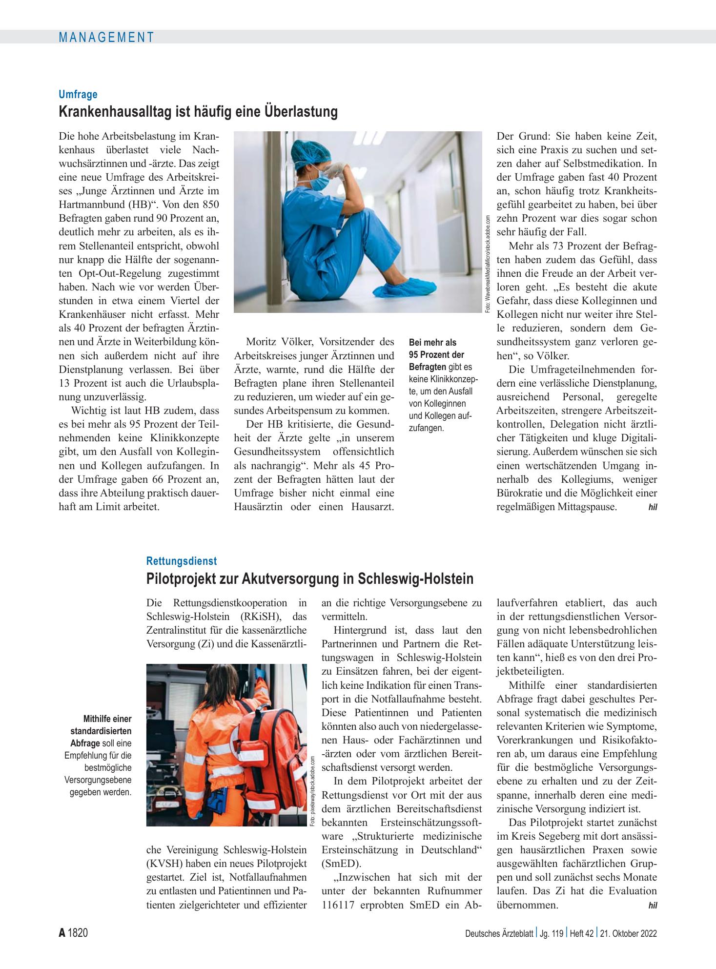 Vorschauseite 1: Umfrage: Krankenhausalltag ist häufig eine Überlastung – Deutsches Ärzteblatt