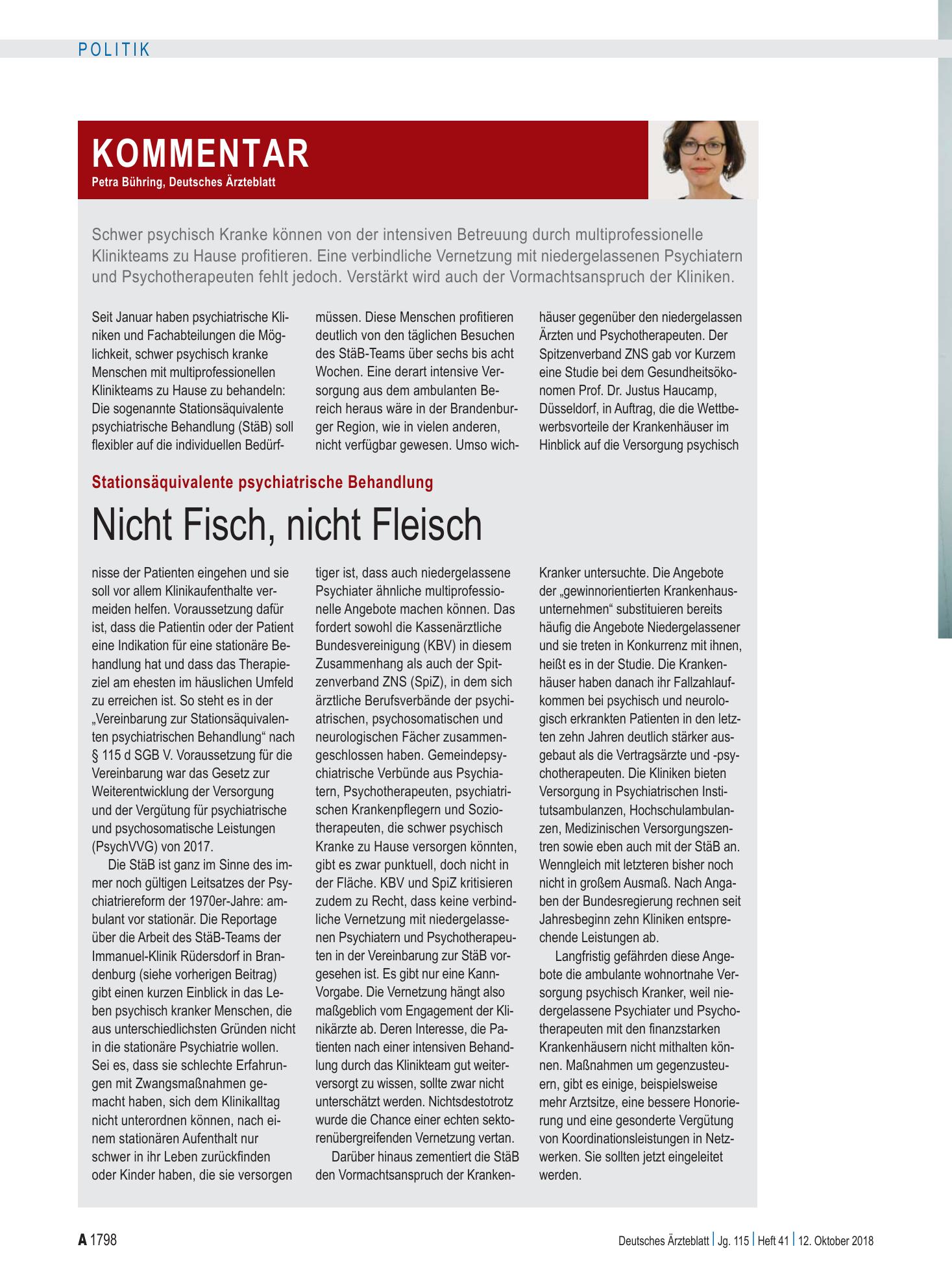 Vorschauseite 1: Stationsäquivalente psychiatrische Behandlung: Nicht Fisch, nicht Fleisch – Deutsches Ärzteblatt