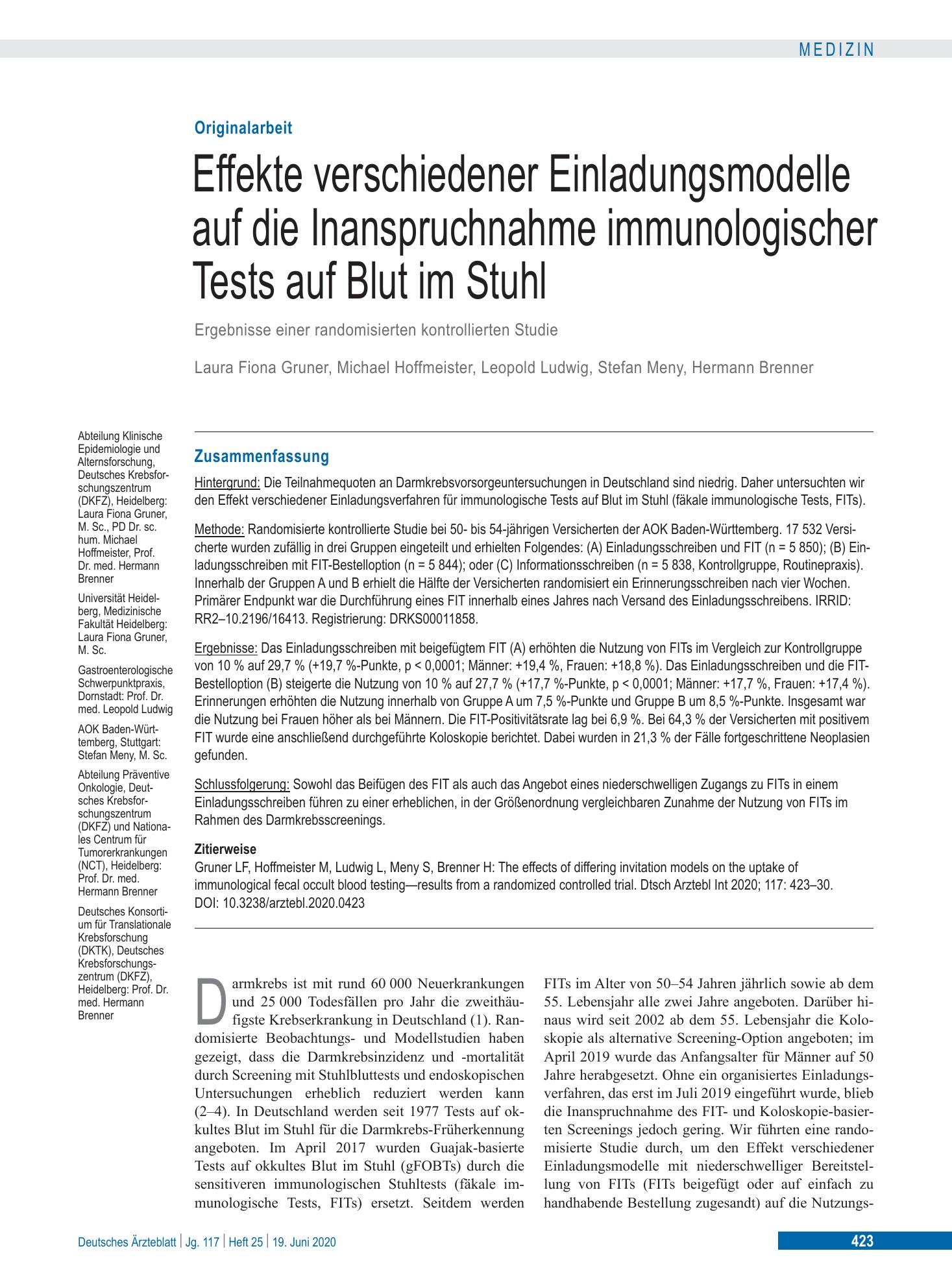 Vorschauseite 1: Effekte verschiedener Einladungsmodelle auf die Inanspruchnahme immunologischer Tests auf Blut im Stuhl – Deutsches Ärzteblatt