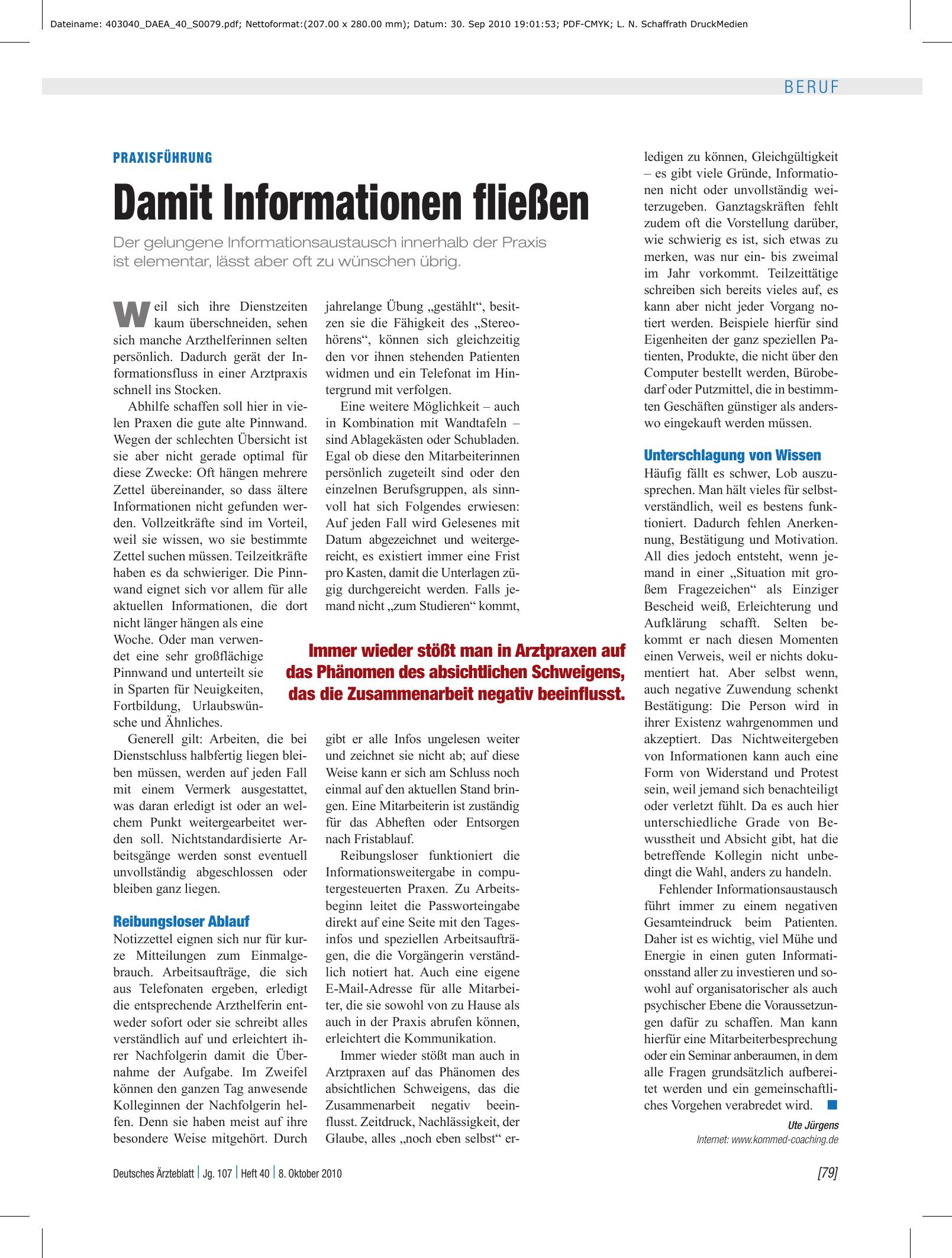 Vorschauseite 1: Praxisführung: Damit Informationen fließen – Deutsches Ärzteblatt