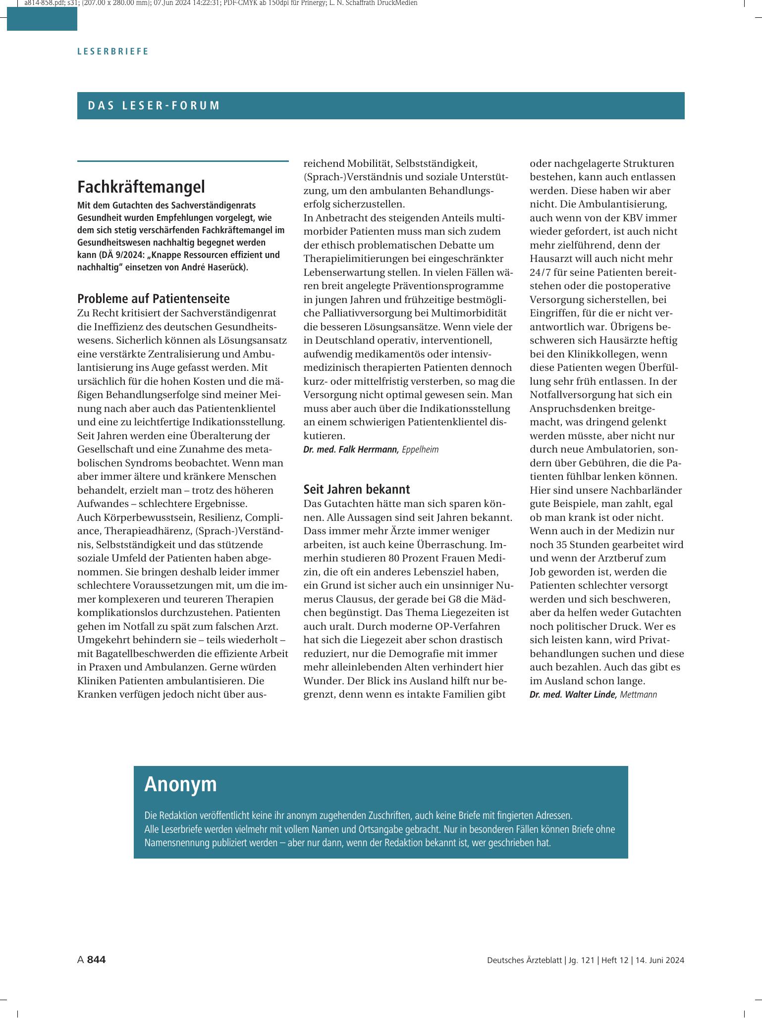 Vorschauseite 1: Fachkräftemangel: Probleme auf Patientenseite – Deutsches Ärzteblatt