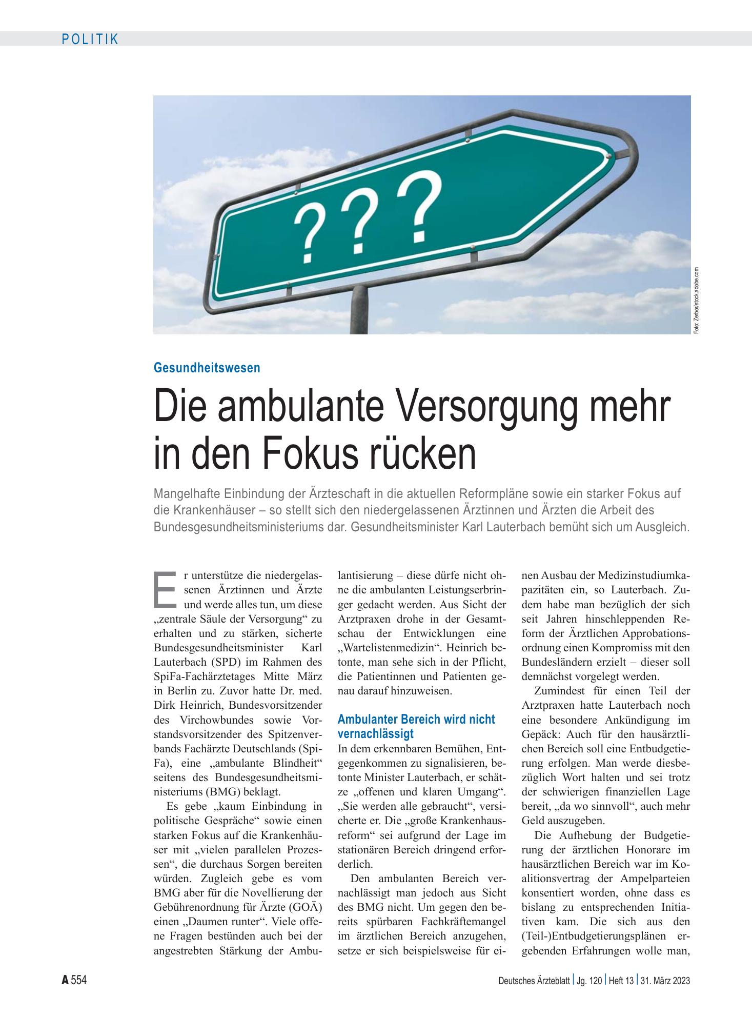 Vorschauseite 1: Gesundheitswesen: Die ambulante Versorgung mehr in den Fokus rücken – Deutsches Ärzteblatt