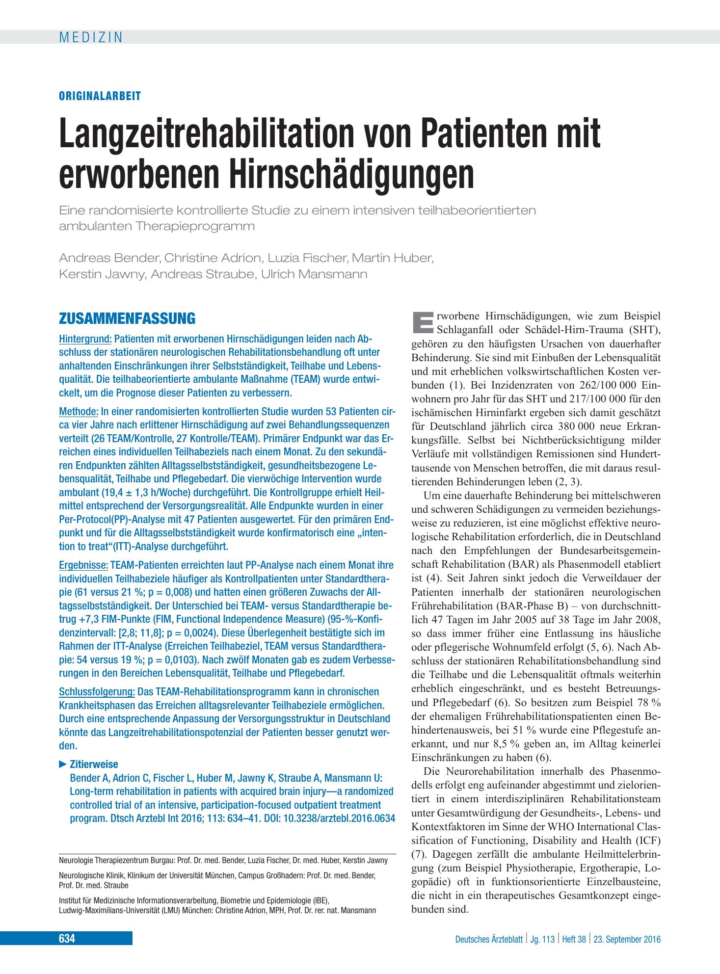 Vorschauseite 1: Langzeitrehabilitation von Patienten mit erworbenen Hirnschädigungen – Deutsches Ärzteblatt