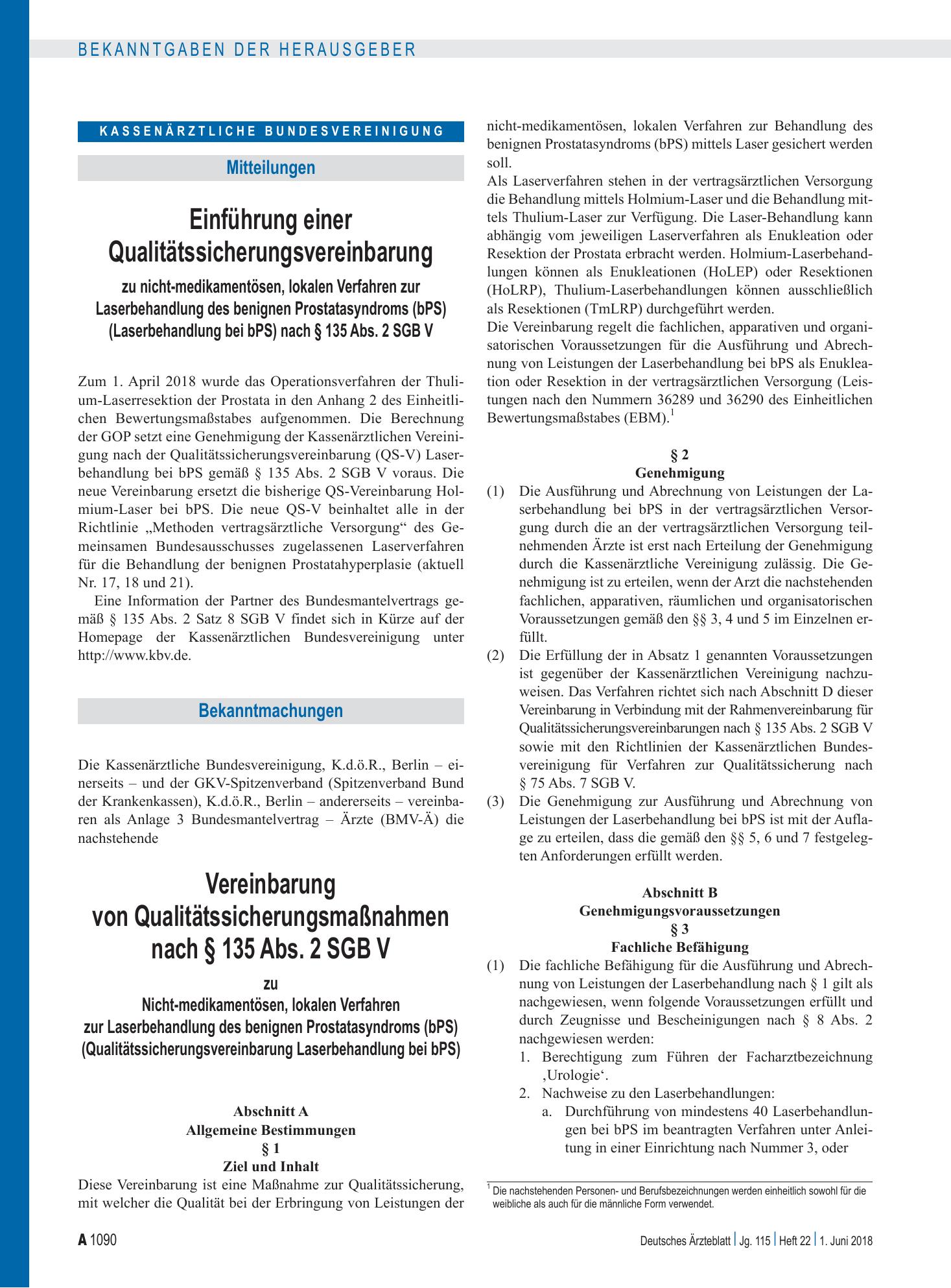 Vorschauseite 1: Einführung einer Qualitätssicherungsvereinbarung zu nicht-medikamentösen, lokalen Verfahren zur Laserbehandlung des benignen Prostatasyndroms (bPS), Vereinbarung von Qualitätssich…