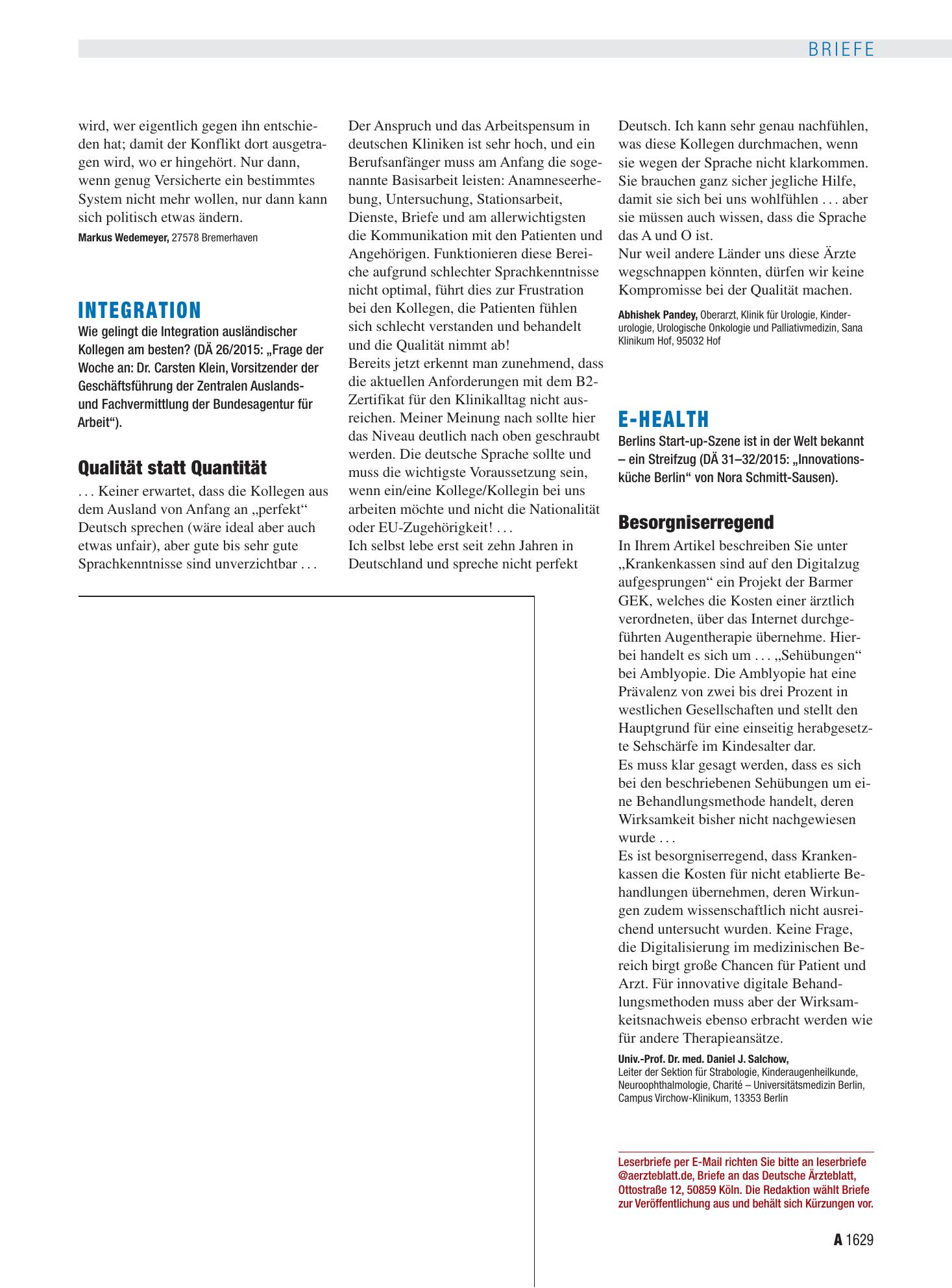 Vorschauseite 1: Integration: Qualität statt Quantität – Deutsches Ärzteblatt