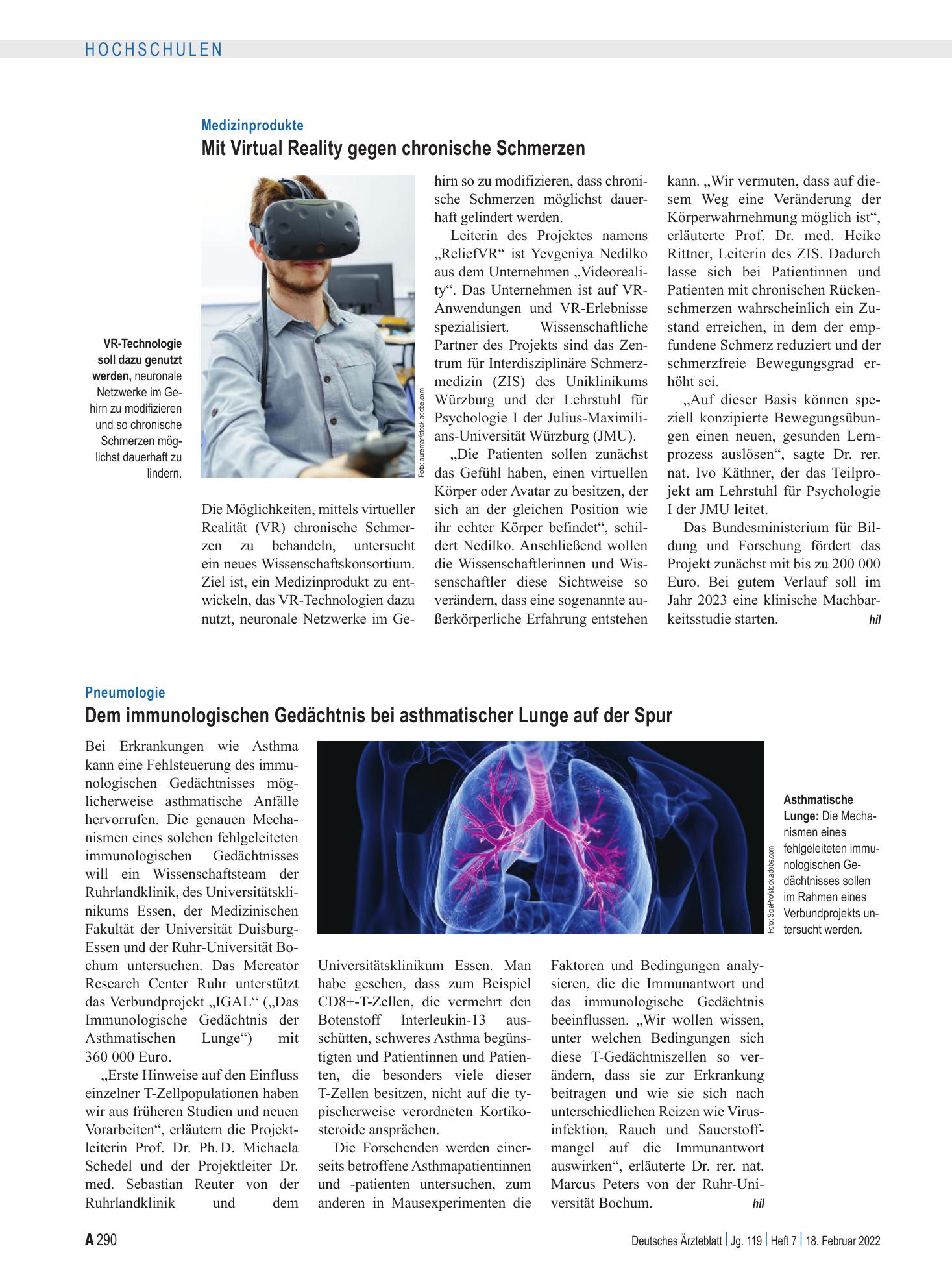 Vorschauseite 1: Medizinprodukte: Mit Virtual Reality gegen chronische Schmerzen – Deutsches Ärzteblatt