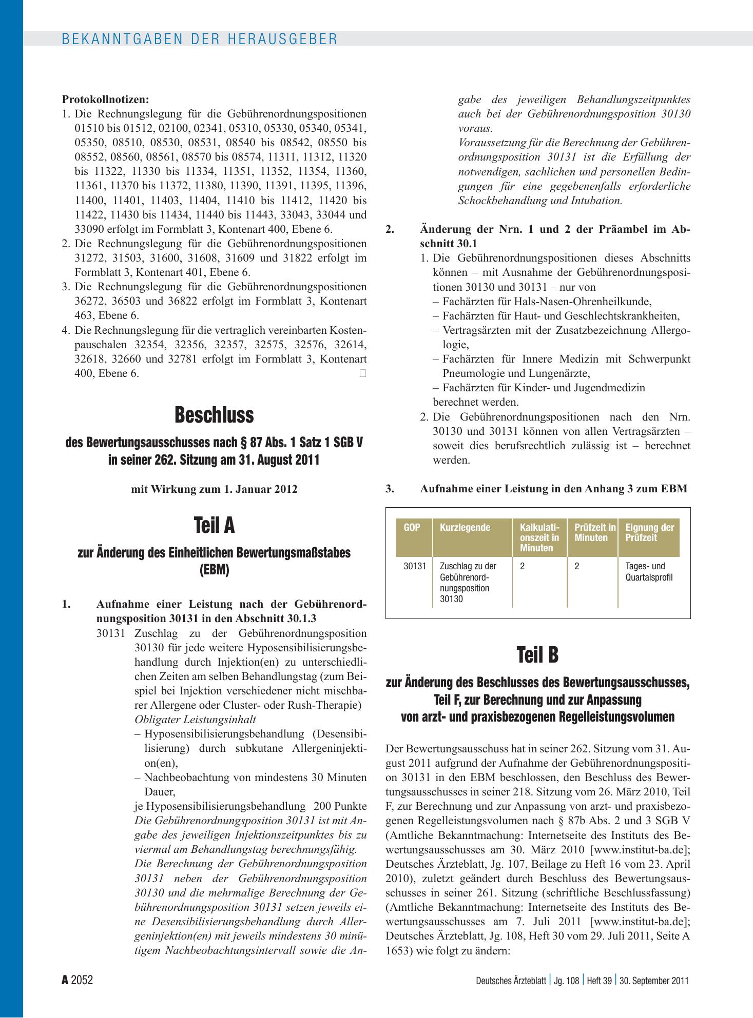 Vorschauseite 1: Beschluss des Bewertungsausschusses nach § 87 Abs. 1 Satz 1 SGB V in seiner 262. Sitzung am 31. August 2011 – Deutsches Ärzteblatt