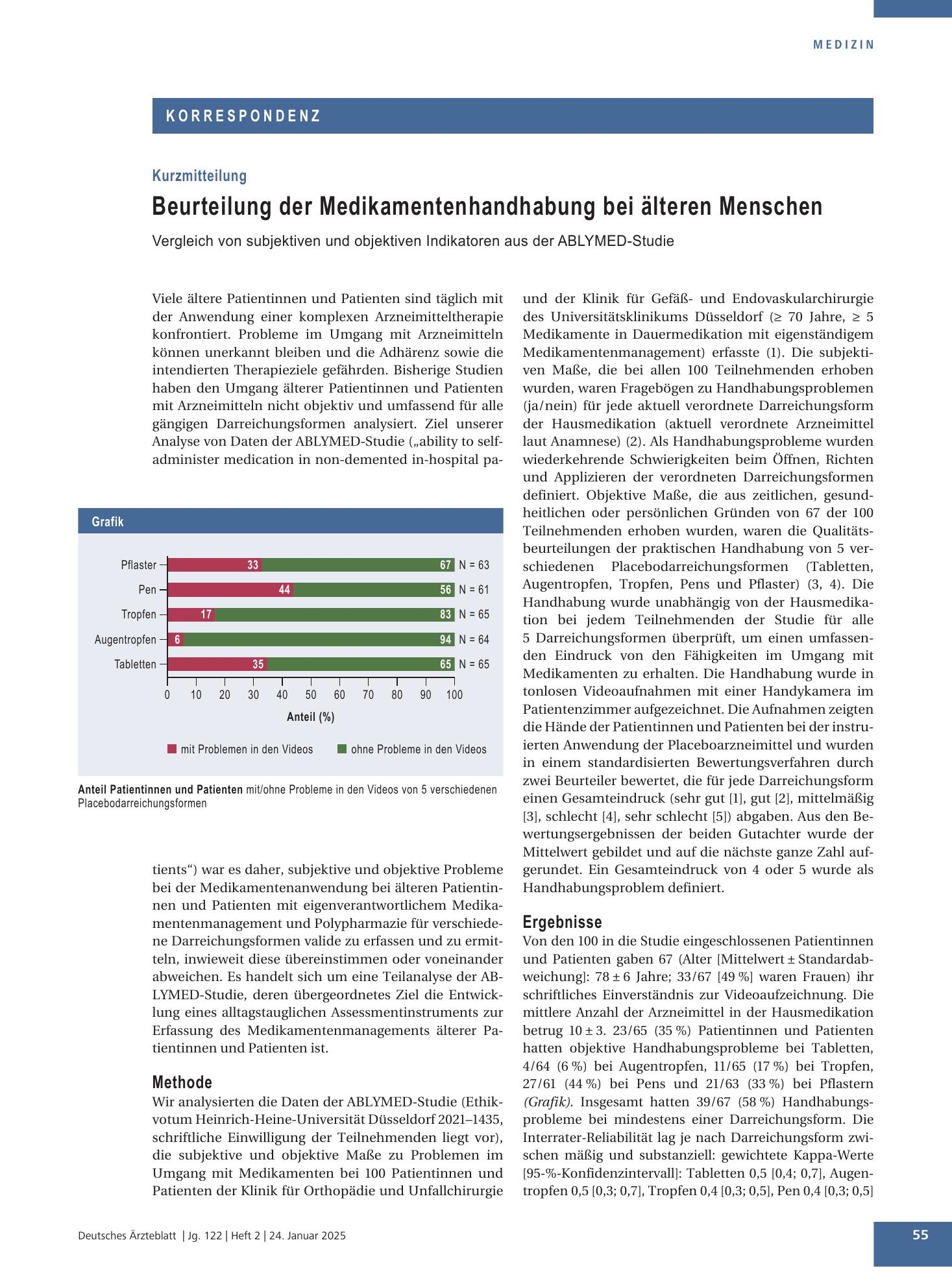 Vorschauseite 1: Beurteilung der Medikamentenhandhabung bei älteren Menschen – Deutsches Ärzteblatt