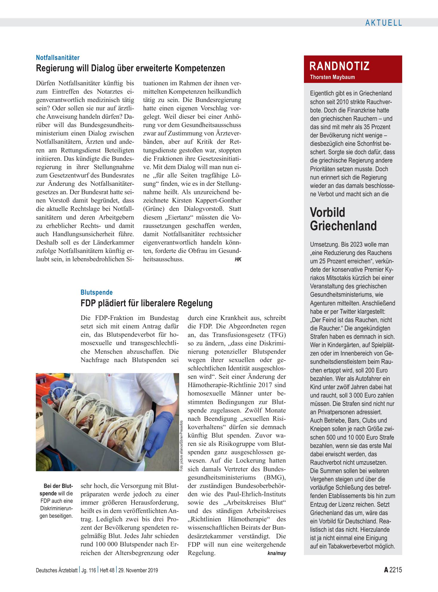 Vorschauseite 1: Blutspende: FDP plädiert für liberalere Regelung – Deutsches Ärzteblatt