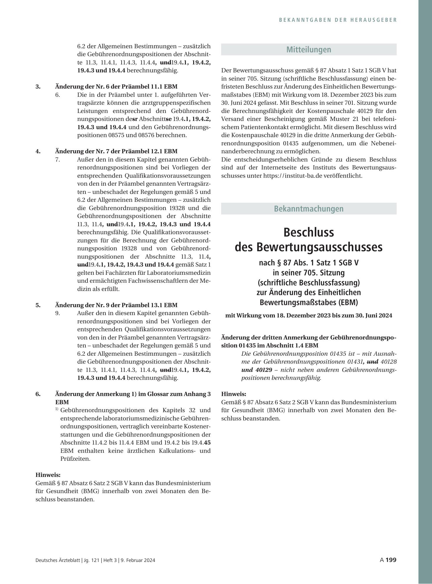 Vorschauseite 1: Beschluss des Bewertungsausschusses nach § 87 Abs. 1 Satz 1 SGB V in seiner 705. Sitzung (schriftliche Beschlussfassung) zur Änderung des Einheitlichen Bewertungsmaßstabes (EBM) –…