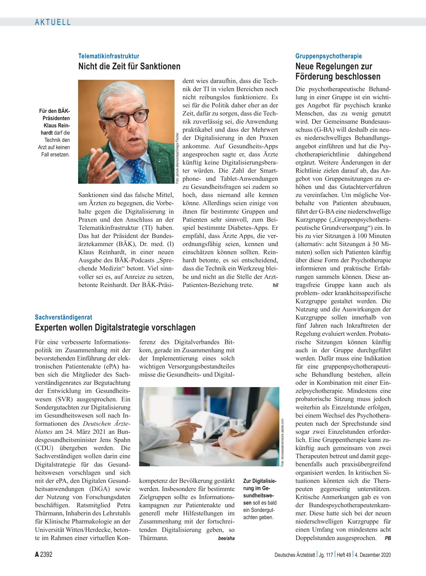 Vorschauseite 1: Telematikinfrastruktur: Nicht die Zeit für Sanktionen – Deutsches Ärzteblatt