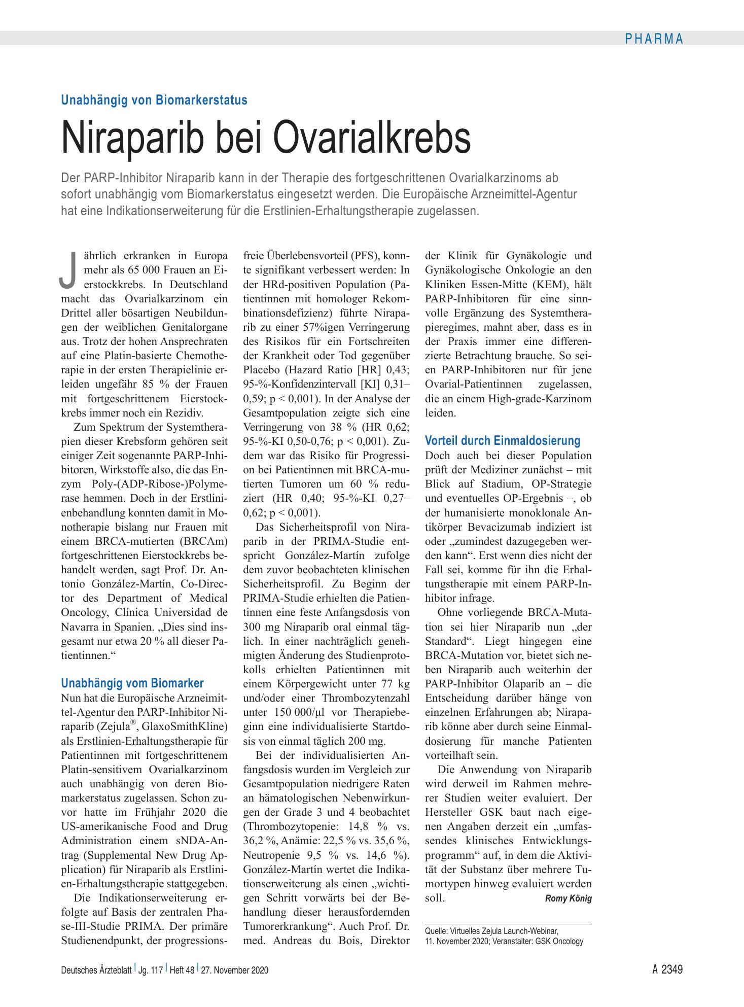 Vorschauseite 1: Unabhängig von Biomarkerstatus: Niraparib bei Ovarialkrebs – Deutsches Ärzteblatt