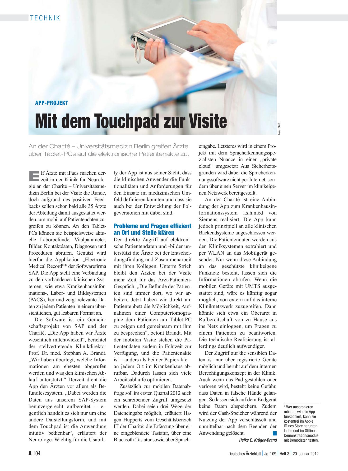 Vorschauseite 1: App-Projekt: Mit dem Touchpad zur Visite – Deutsches Ärzteblatt