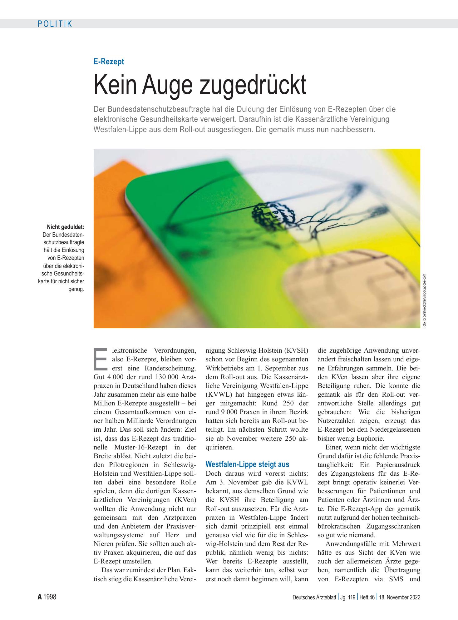 Vorschauseite 1: E-Rezept: Kein Auge zugedrückt – Deutsches Ärzteblatt