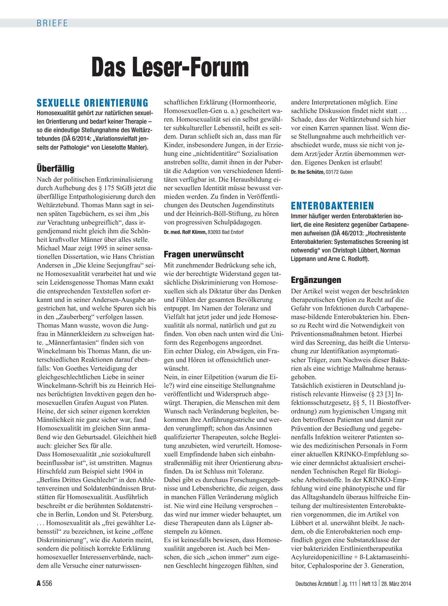 Vorschauseite 1: Sexuelle Orientierung: Überfällig – Deutsches Ärzteblatt