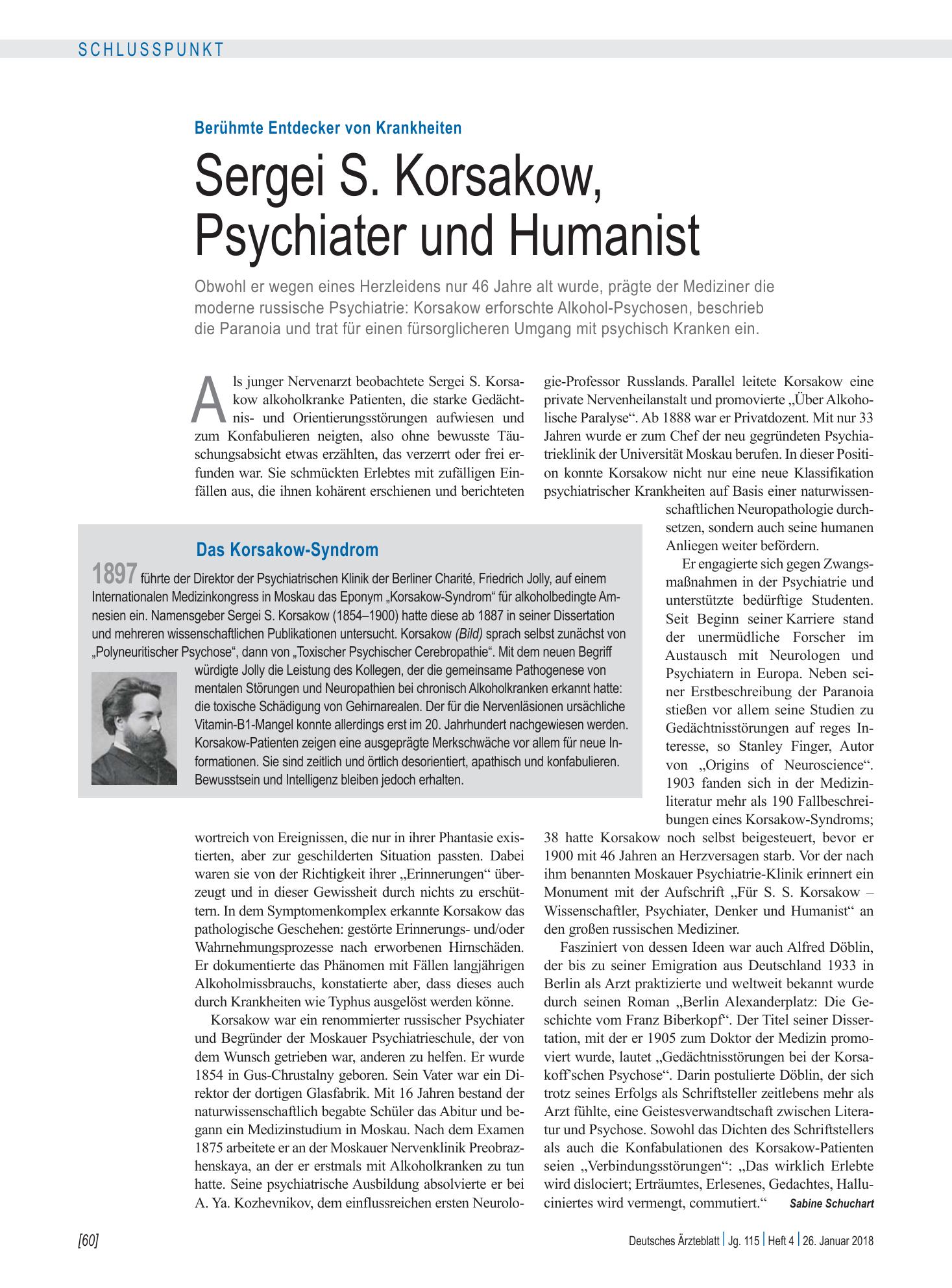 Vorschauseite 1: Berühmte Entdecker von Krankheiten: Sergei S. Korsakow, Psychiater und Humanist – Deutsches Ärzteblatt