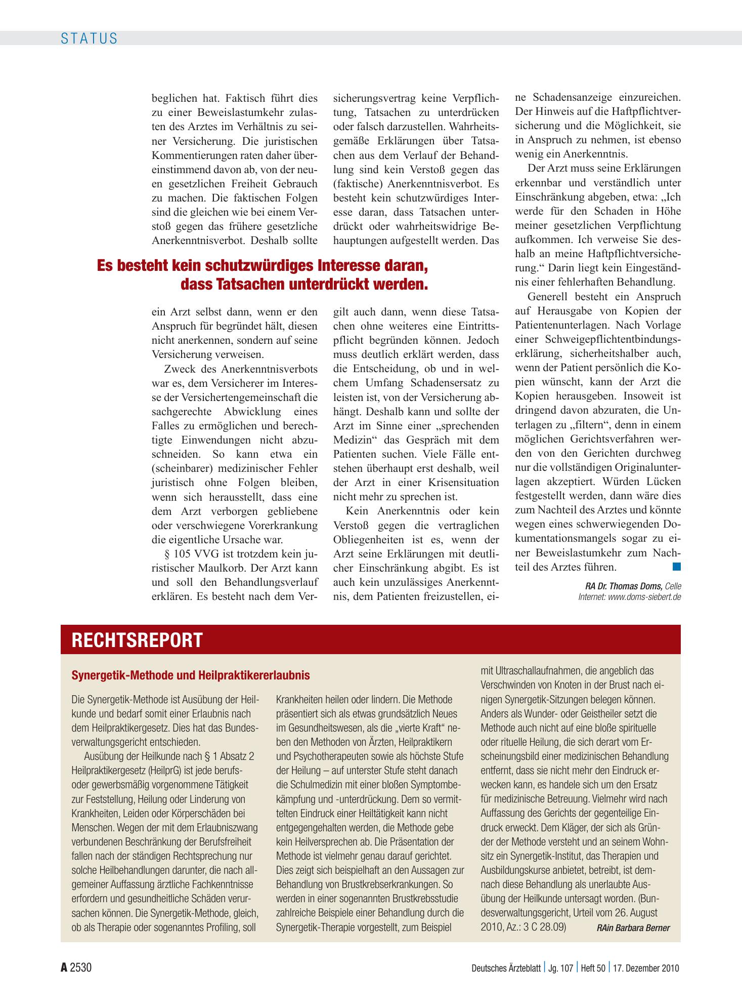 Vorschauseite 1: Synergetik-Methode und Heilpraktikererlaubnis – Deutsches Ärzteblatt