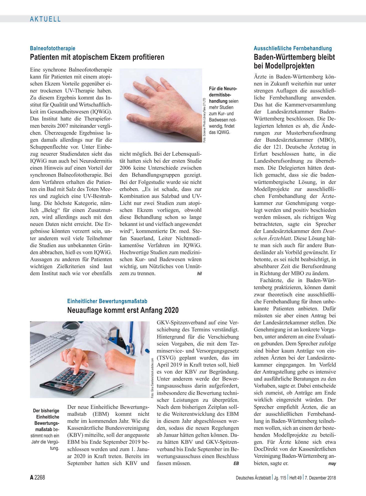 Vorschauseite 1: Ausschließliche Fernbehandlung: Baden-Württemberg bleibt bei Modellprojekten – Deutsches Ärzteblatt
