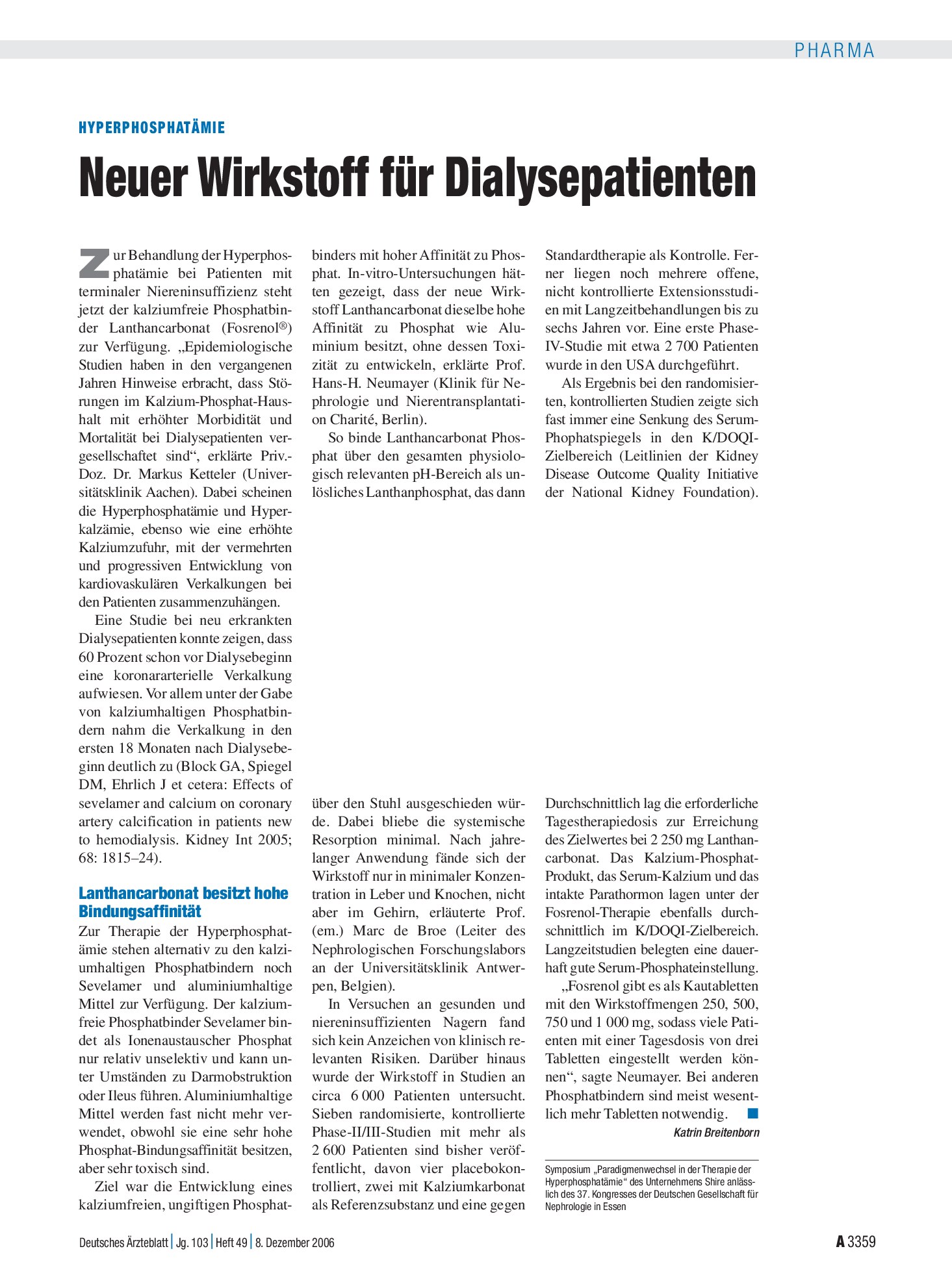 Vorschauseite 1: Hyperphosphatämie: Neuer Wirkstoff für Dialysepatienten – Deutsches Ärzteblatt