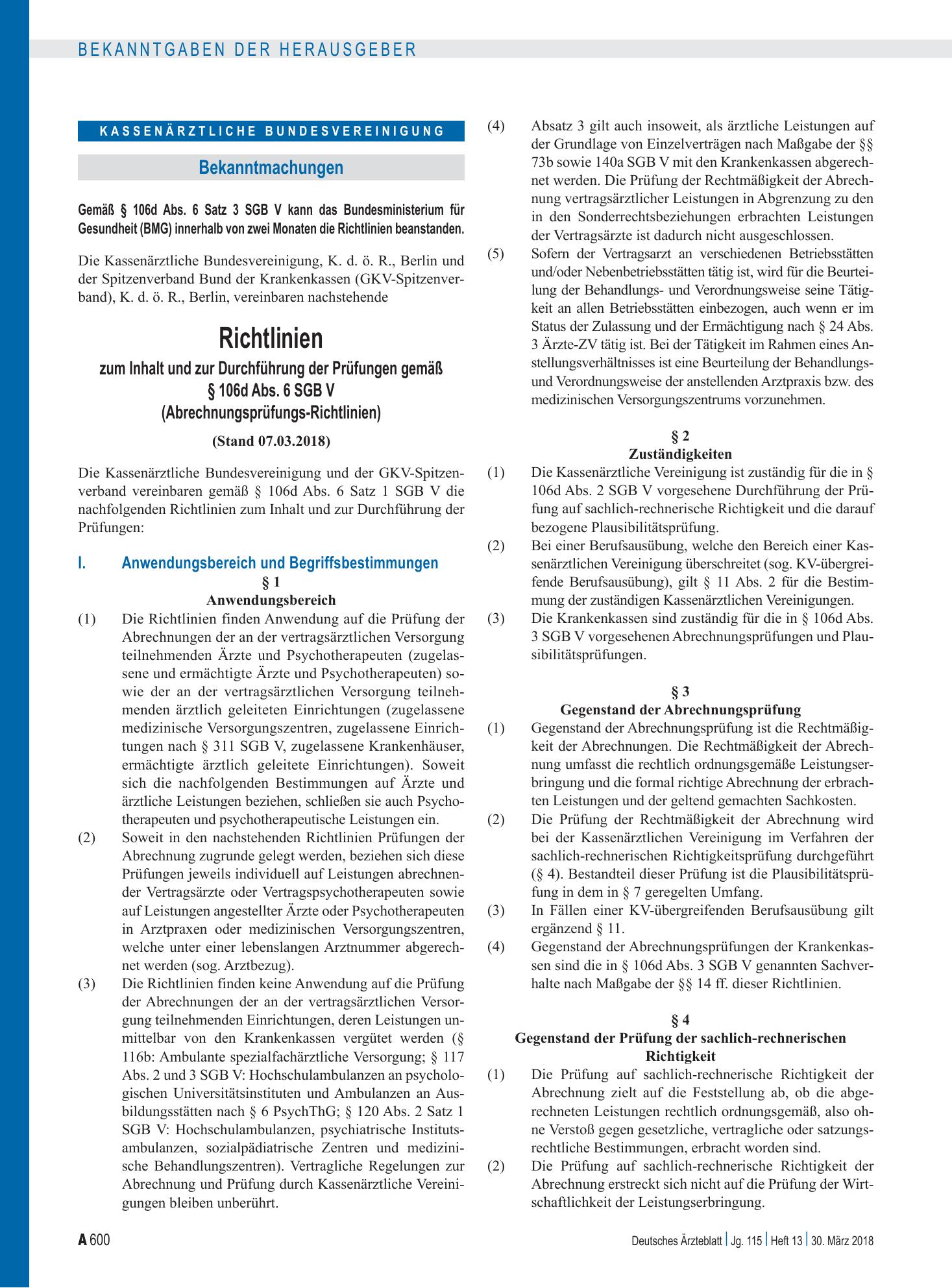 Vorschauseite 1: Richtlinien zum Inhalt und zur Durchführung der Prüfungen gemäß § 106d Abs. 6 SGB V – Deutsches Ärzteblatt
