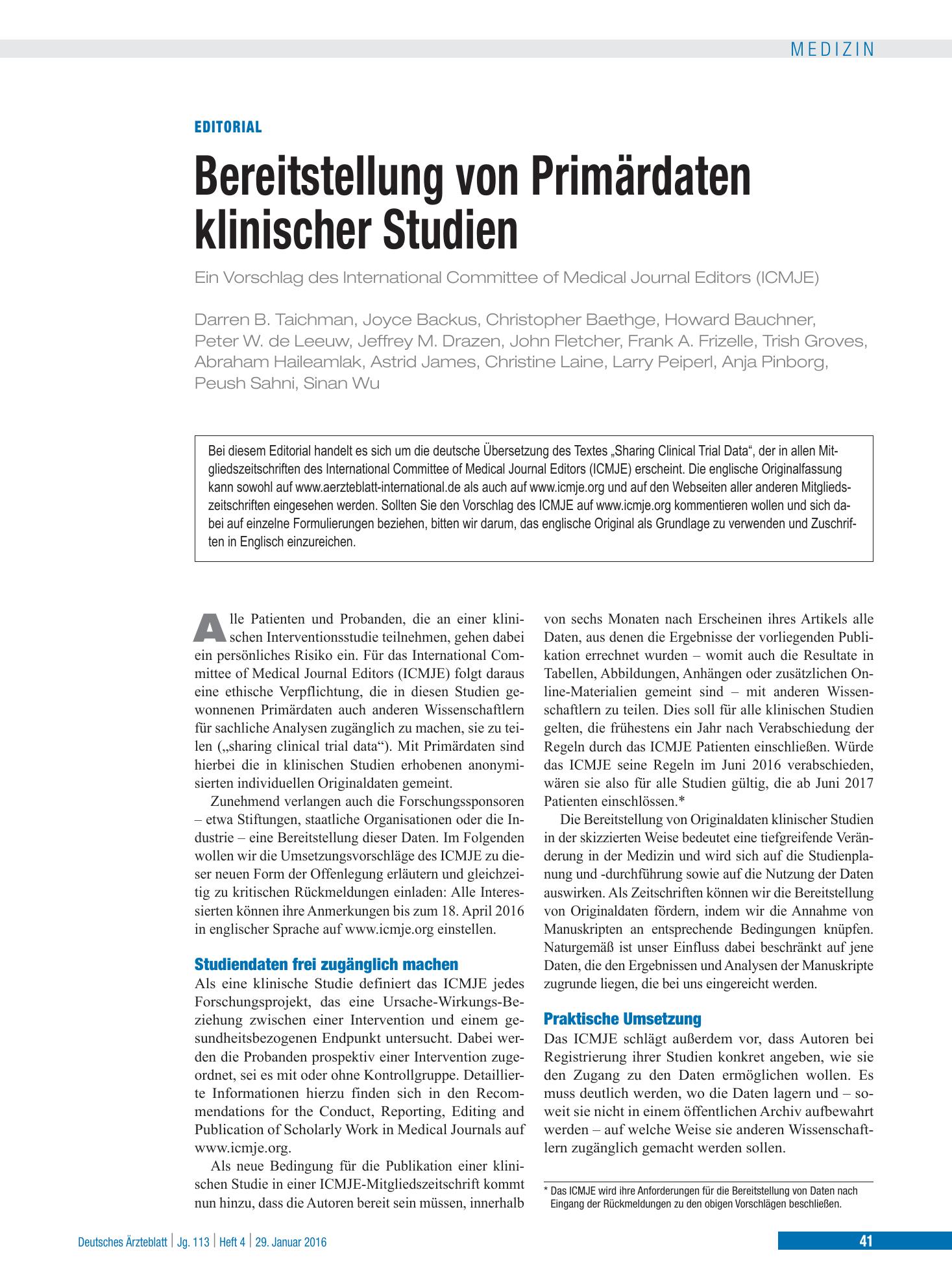 Vorschauseite 1: Bereitstellung von Primärdaten klinischer Studien – Deutsches Ärzteblatt