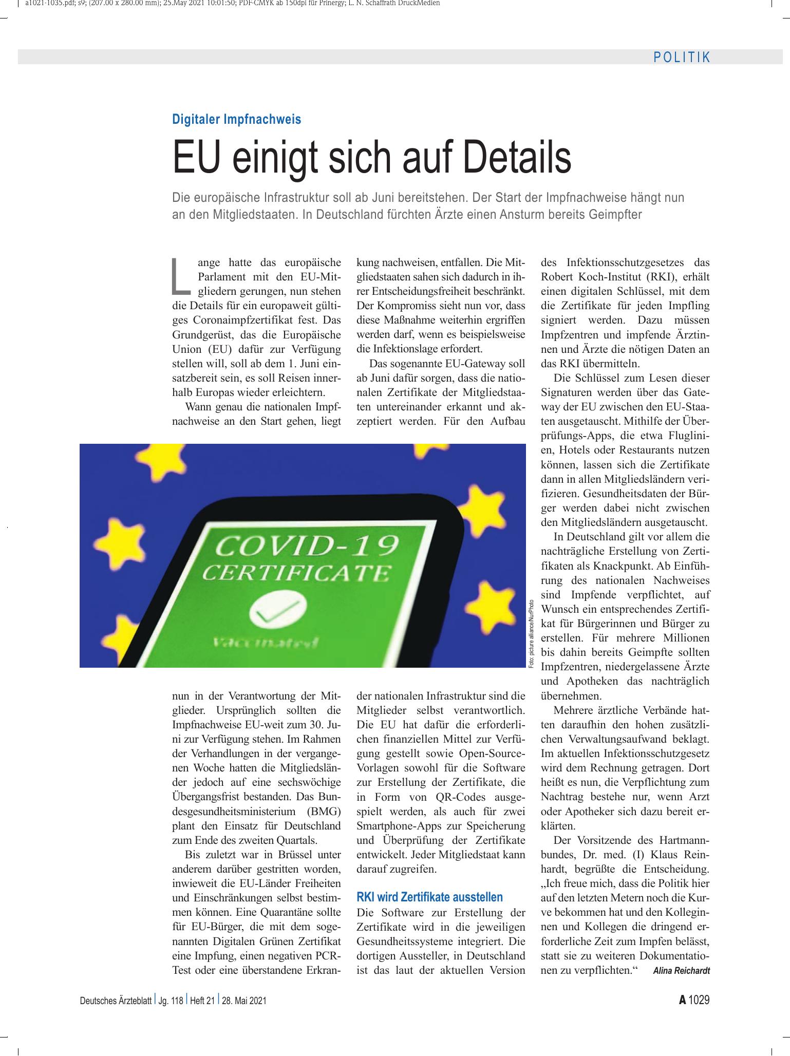 Vorschauseite 1: Digitaler Impfnachweis: EU einigt sich auf Details – Deutsches Ärzteblatt