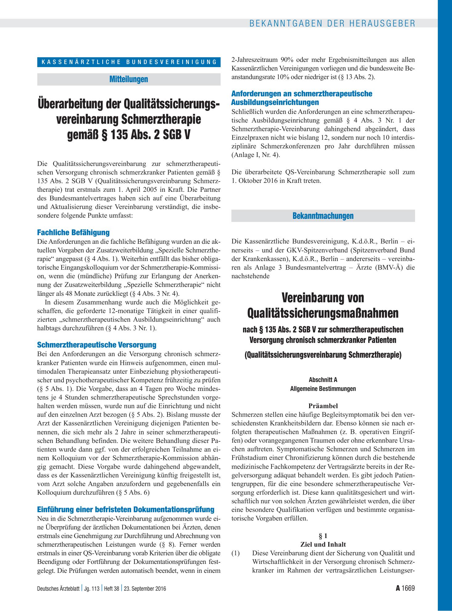 Vorschauseite 1: Überarbeitung der Qualitätssicherungsvereinbarung Schmerztherapie gemäß § 135 Abs. 2 SGB V – Deutsches Ärzteblatt