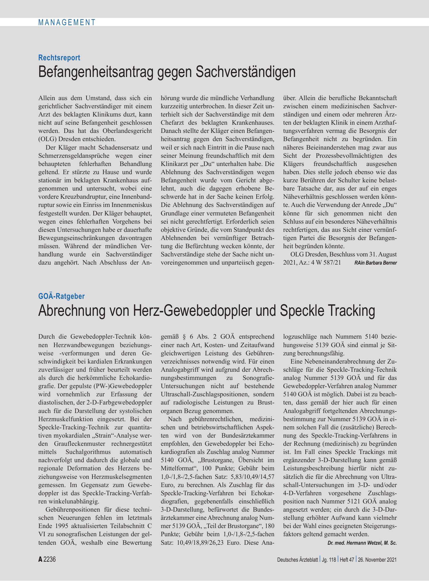 Vorschauseite 1: GOÄ-Ratgeber: Abrechnung von Herz-Gewebedoppler und Speckle Tracking – Deutsches Ärzteblatt