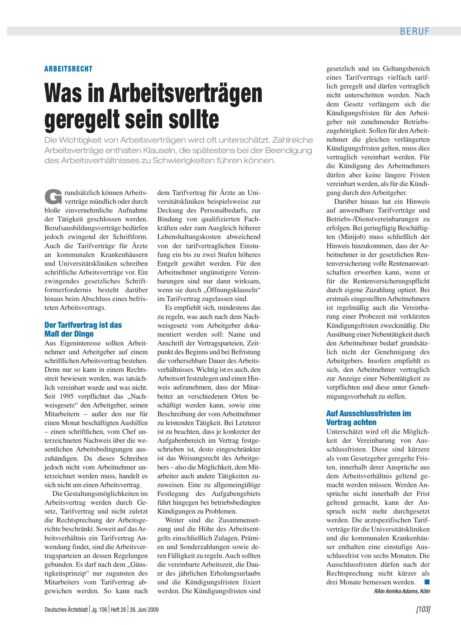 Vorschauseite 1: Arbeitsrecht: Was in Arbeitsverträgen geregelt sein sollte – Deutsches Ärzteblatt