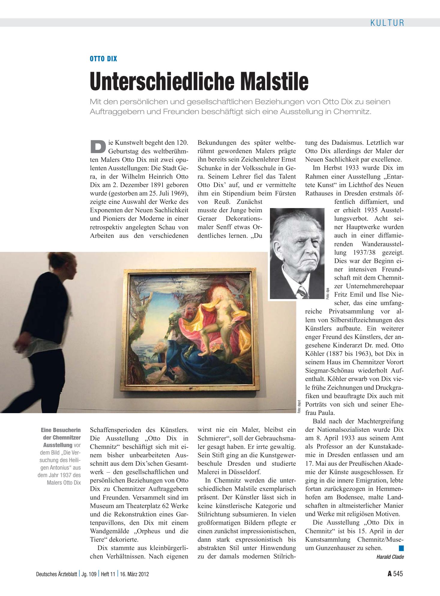 Vorschauseite 1: Otto Dix: Unterschiedliche Malstile – Deutsches Ärzteblatt