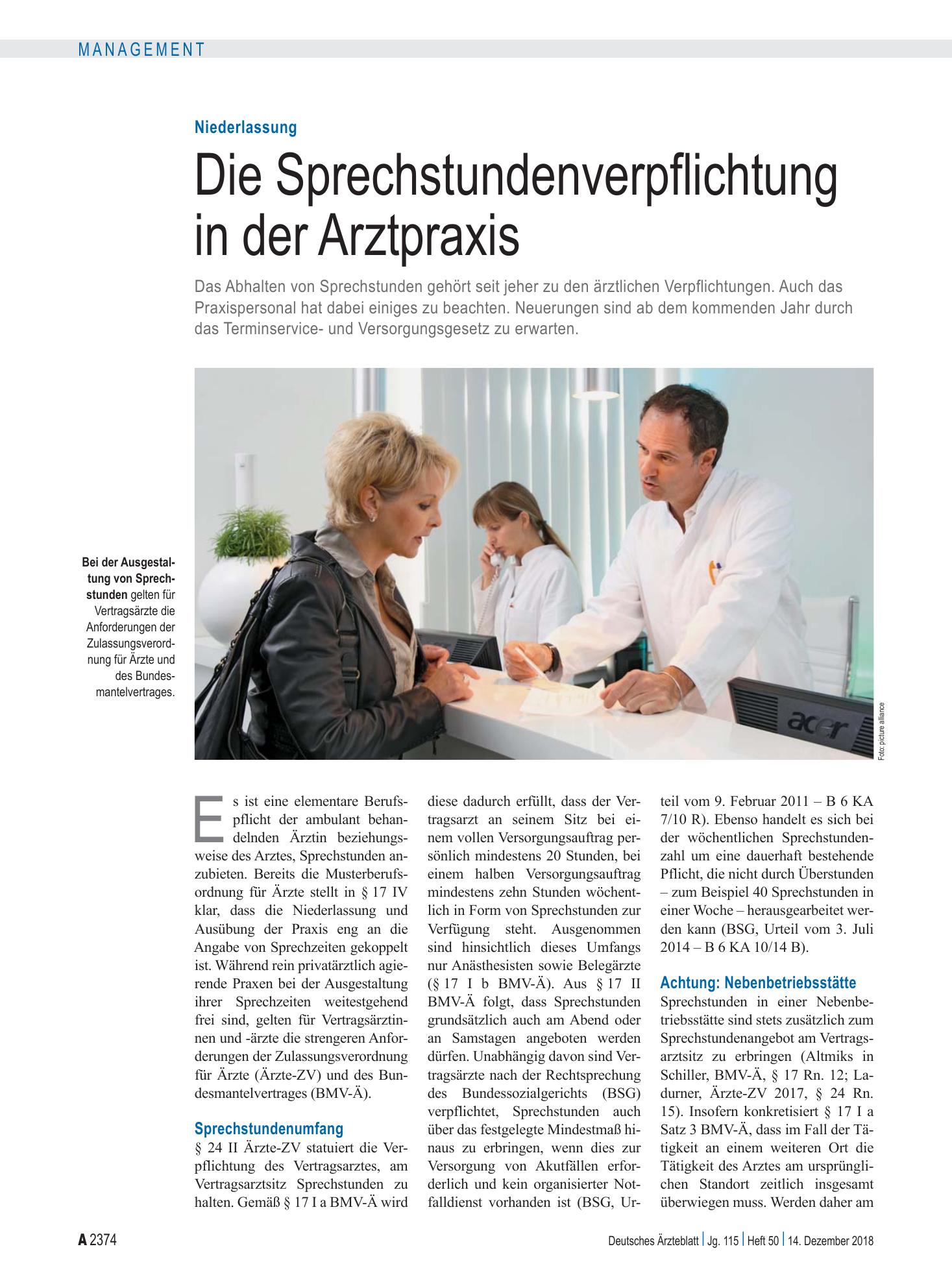 Vorschauseite 1: Niederlassung: Die Sprechstundenverpflichtung in der Arztpraxis – Deutsches Ärzteblatt