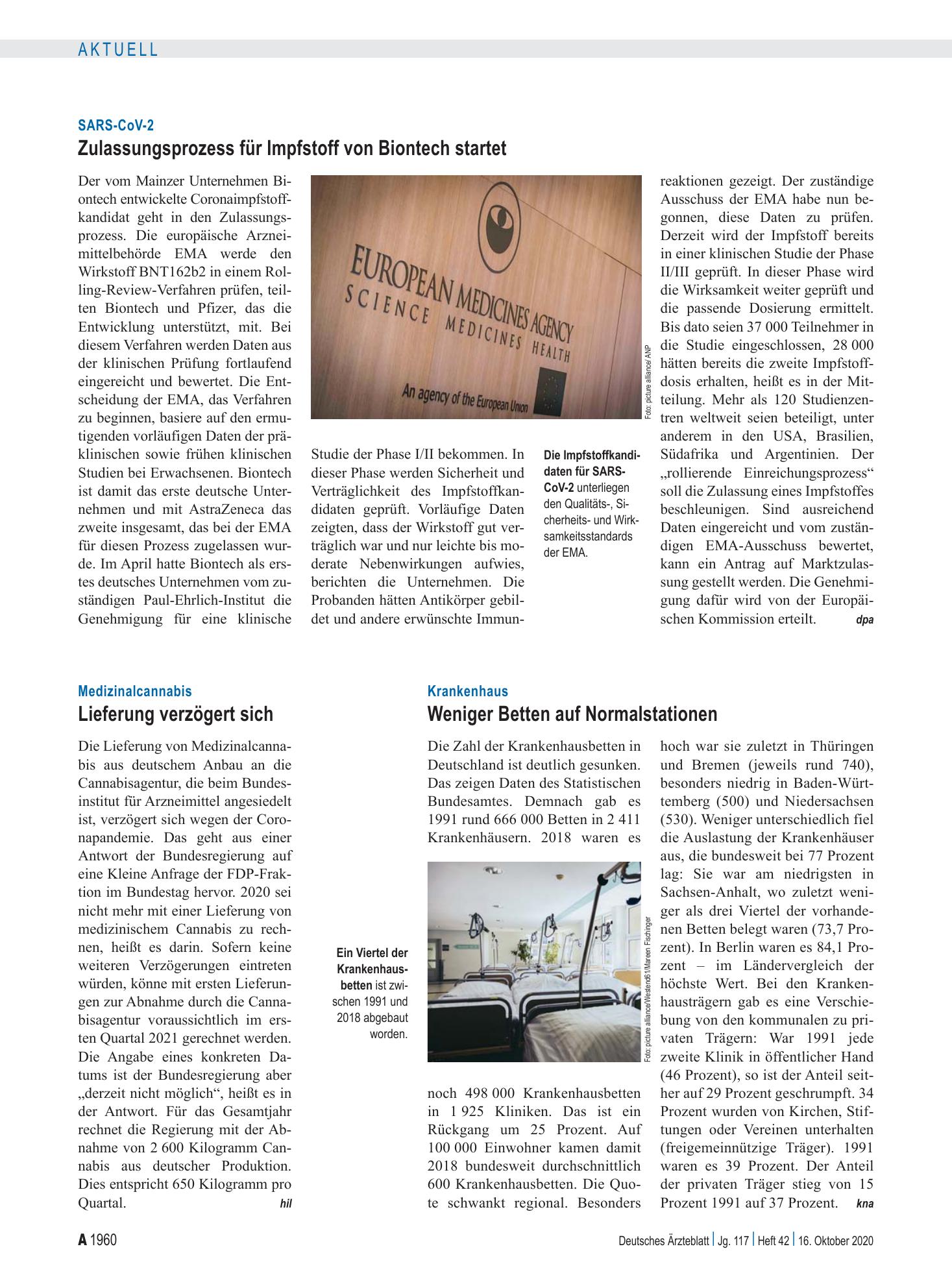 Vorschauseite 1: SARS-CoV-2: Zulassungsprozess für Impfstoff von Biontech startet – Deutsches Ärzteblatt
