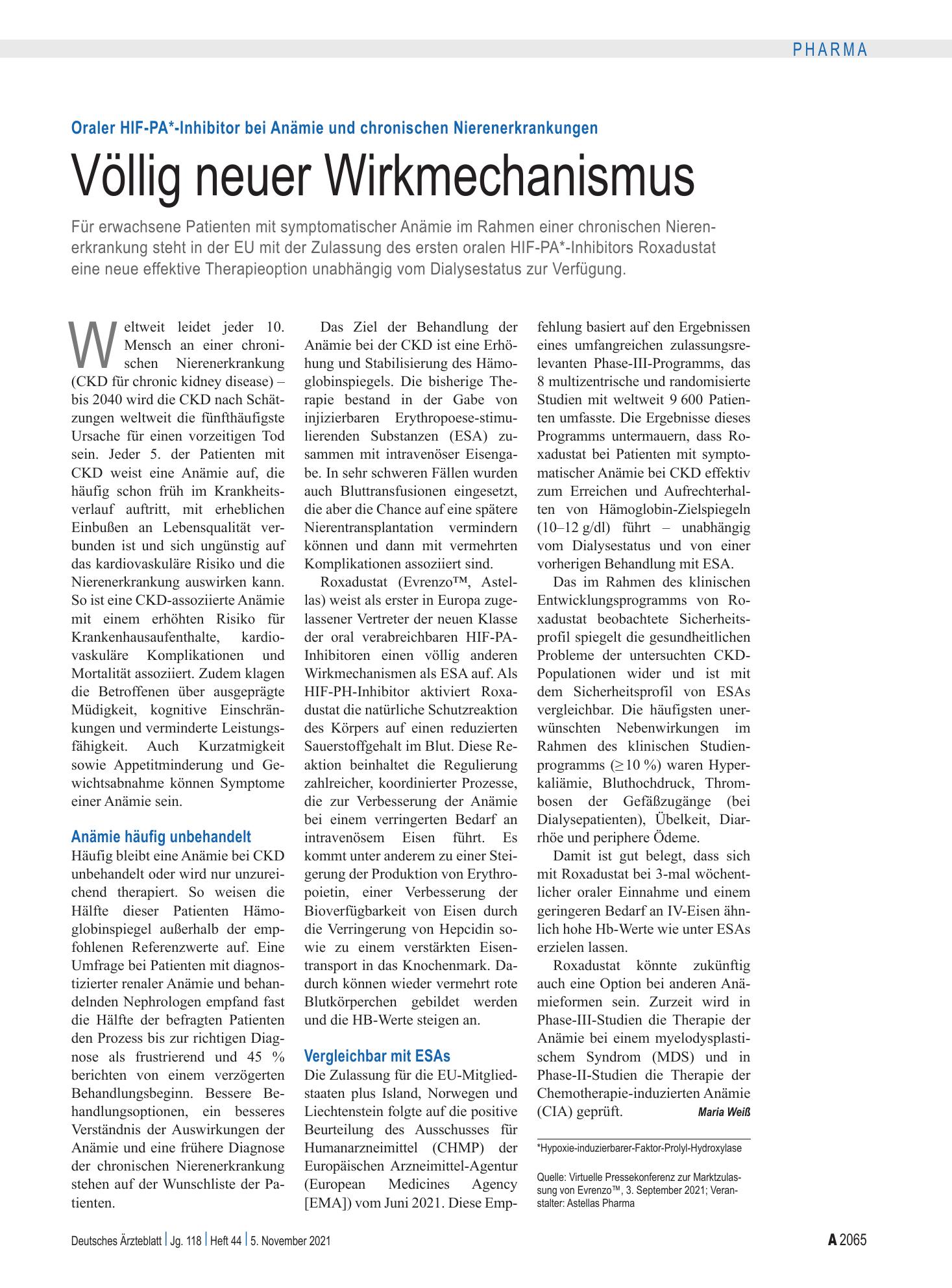Vorschauseite 1: Oraler HIF-PA*-Inhibitor bei Anämie und chronischen Nierenerkrankungen: Völlig neuer Wirkmechanismus – Deutsches Ärzteblatt