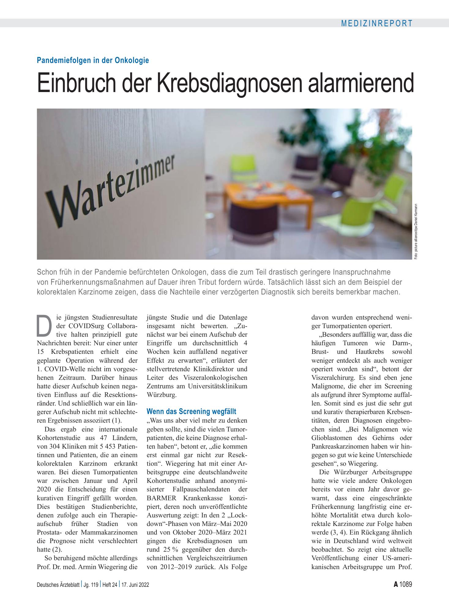Vorschauseite 1: Pandemiefolgen in der Onkologie: Einbruch der Krebsdiagnosen alarmierend – Deutsches Ärzteblatt