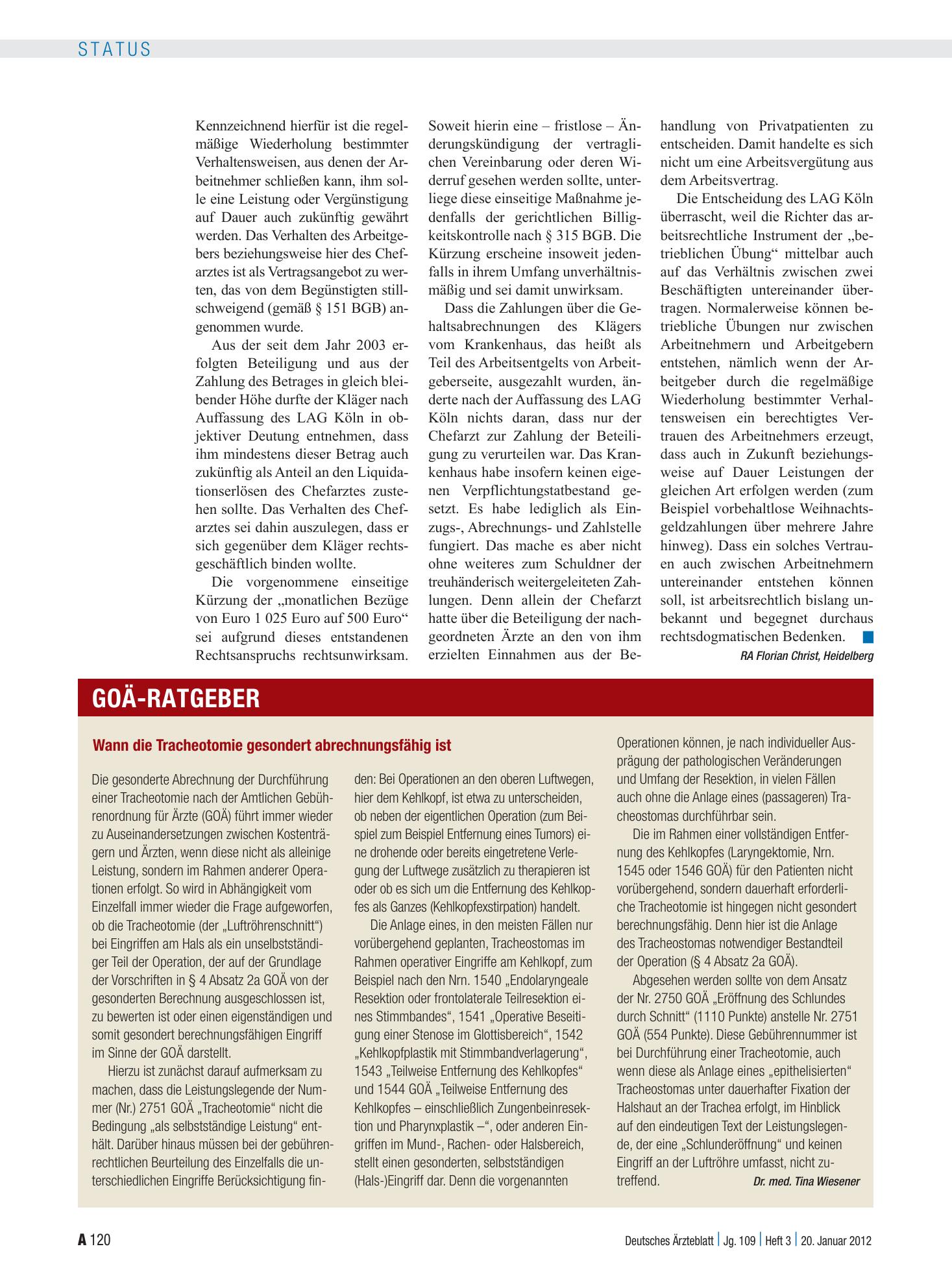 Vorschauseite 1: Wann die Tracheotomie gesondert abrechnungsfähig ist – Deutsches Ärzteblatt